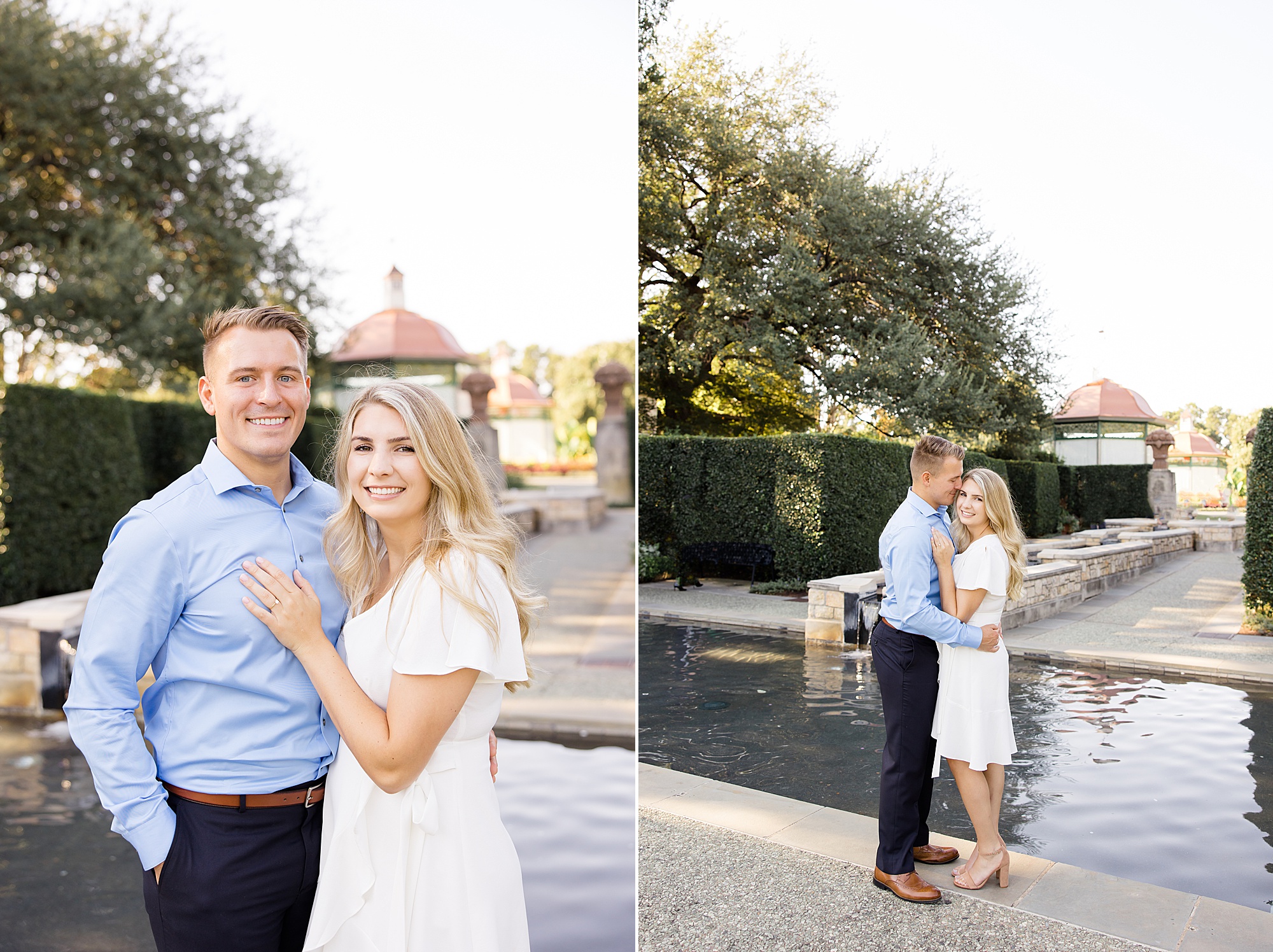 bride and groom pose by water in Dallas Arboretum