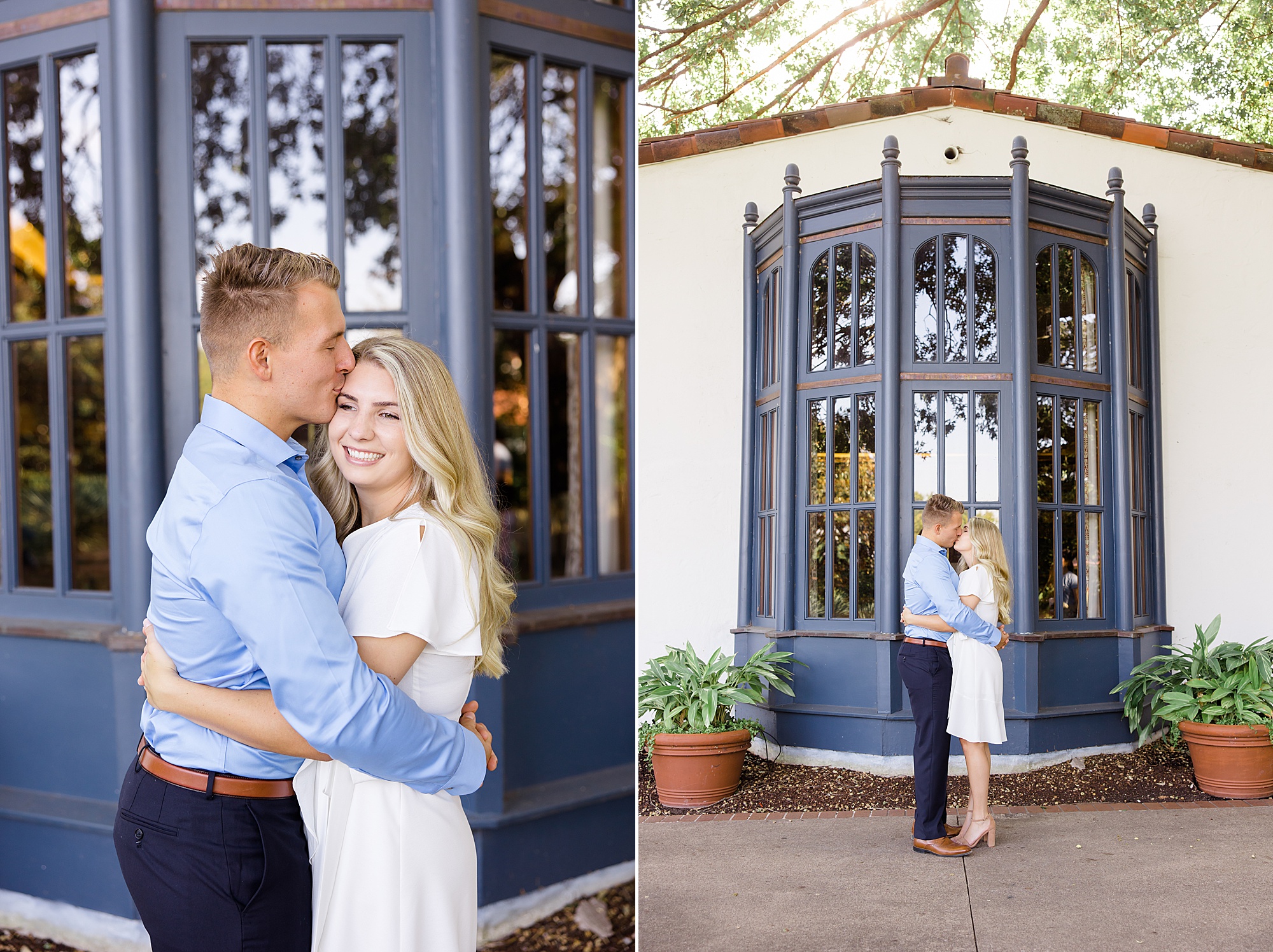 bride and groom hug by colorful window in Texas gardens