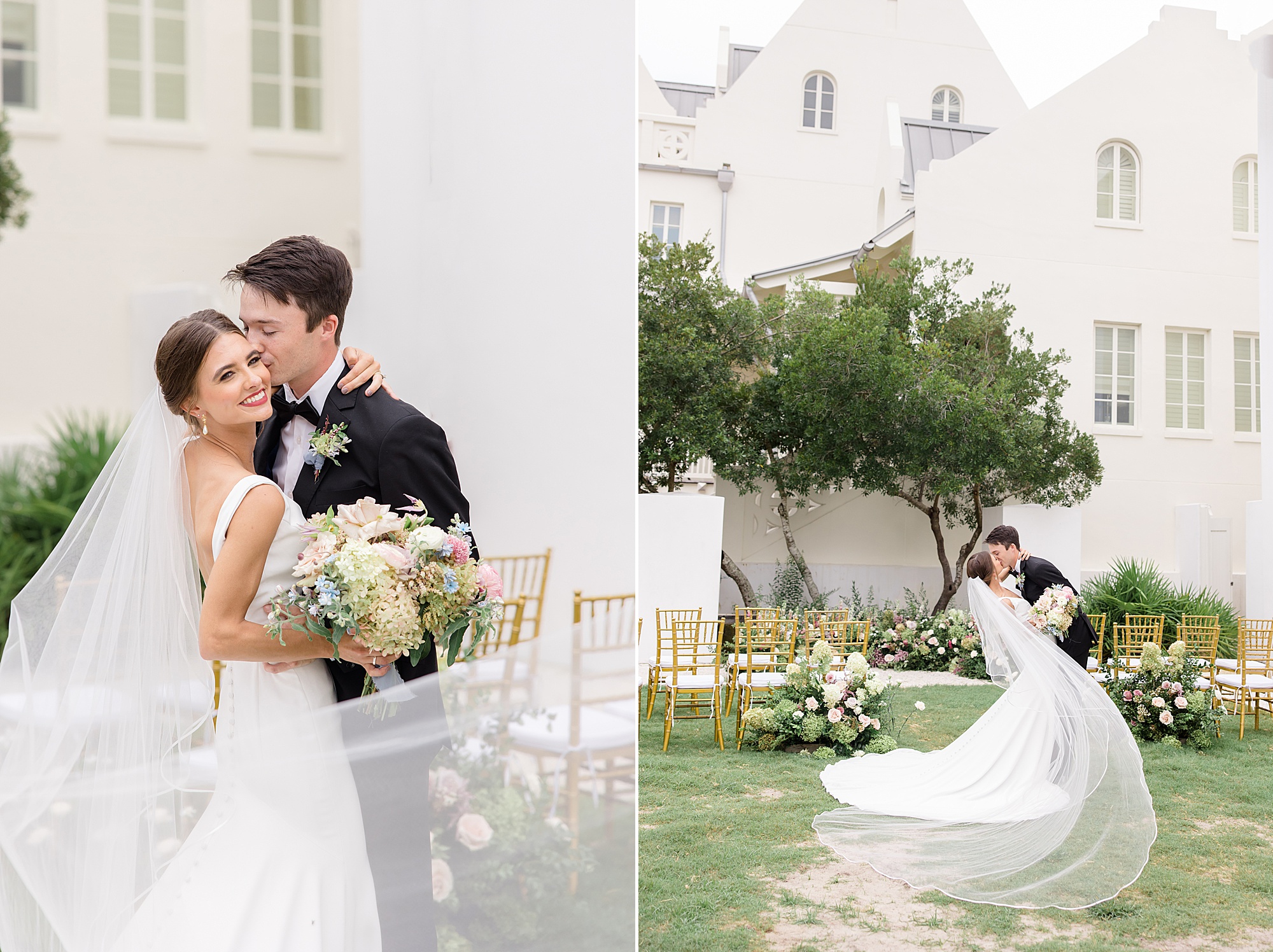 Rosemary Beach Town Hall wedding portraits with bride's veil floating 