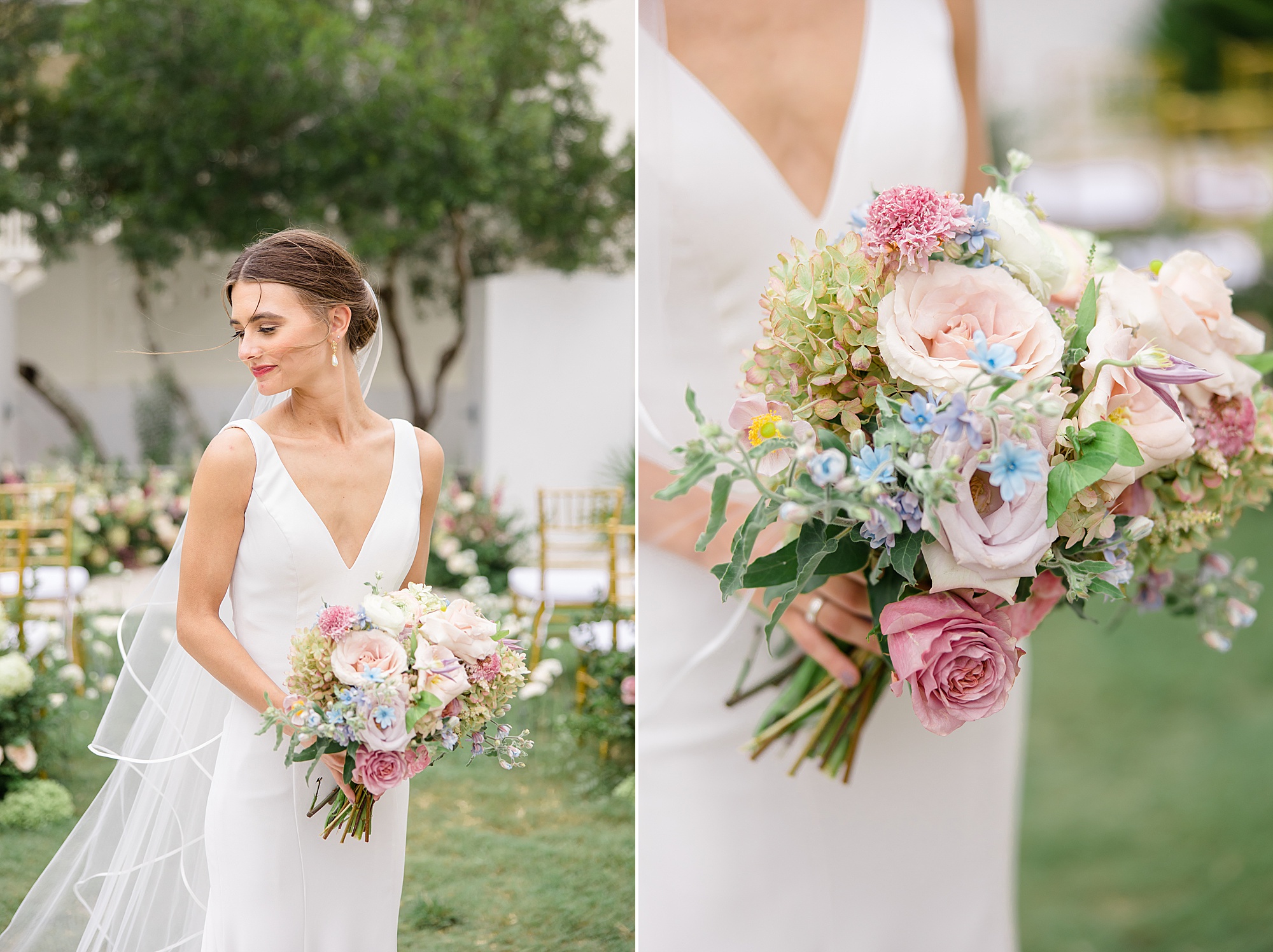 bride holds bouquet of pink flowers