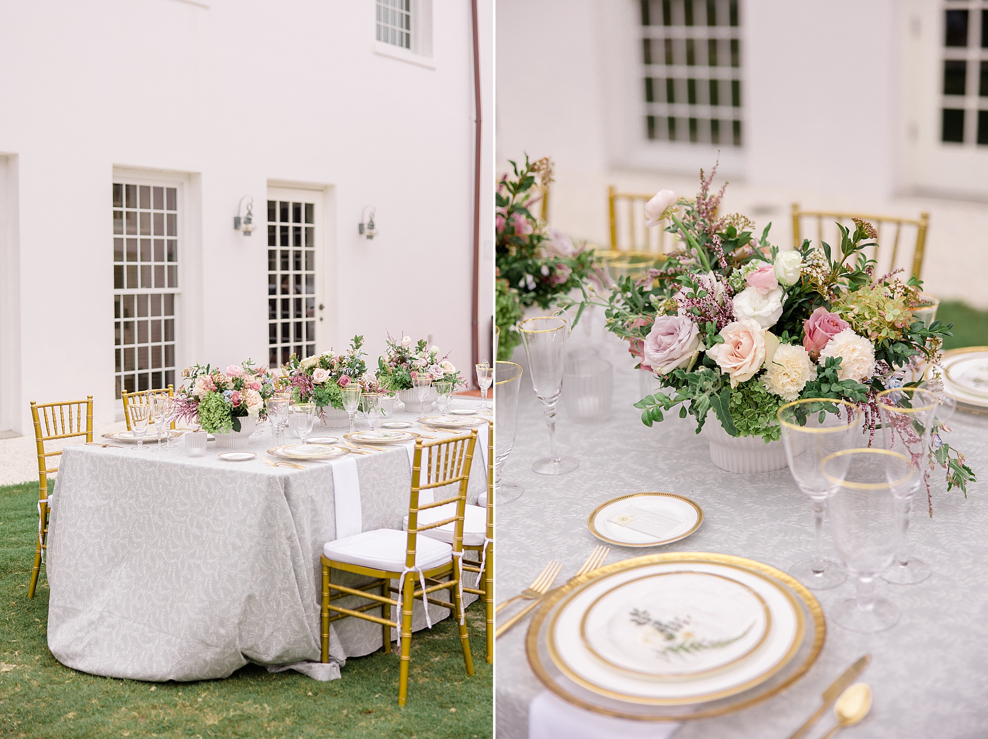 Rosemary Beach Town Hall Wedding reception details with gold and white place settings