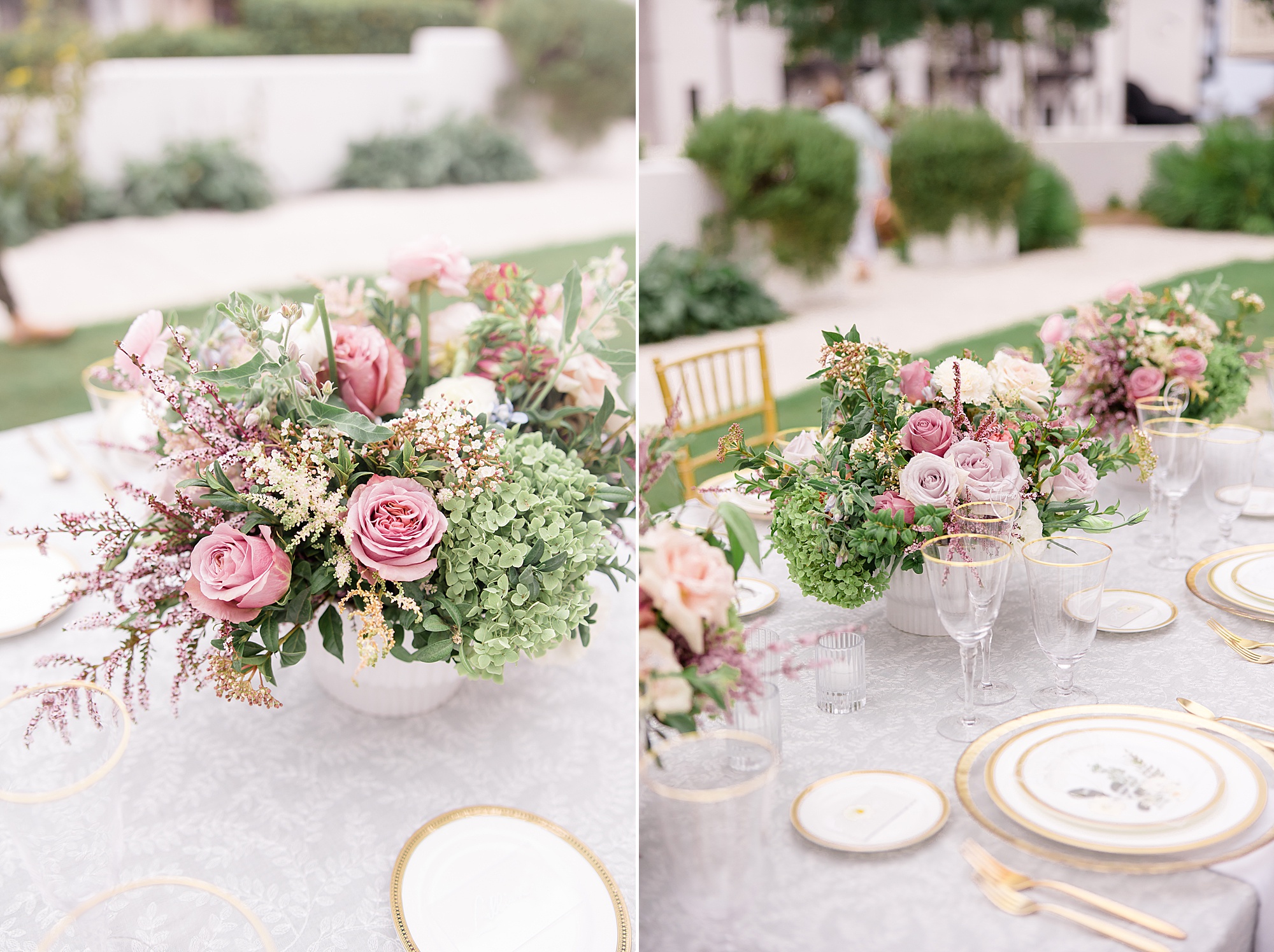 elegant gold, white, and pink wedding reception details at Rosemary Beach Town Hall Wedding