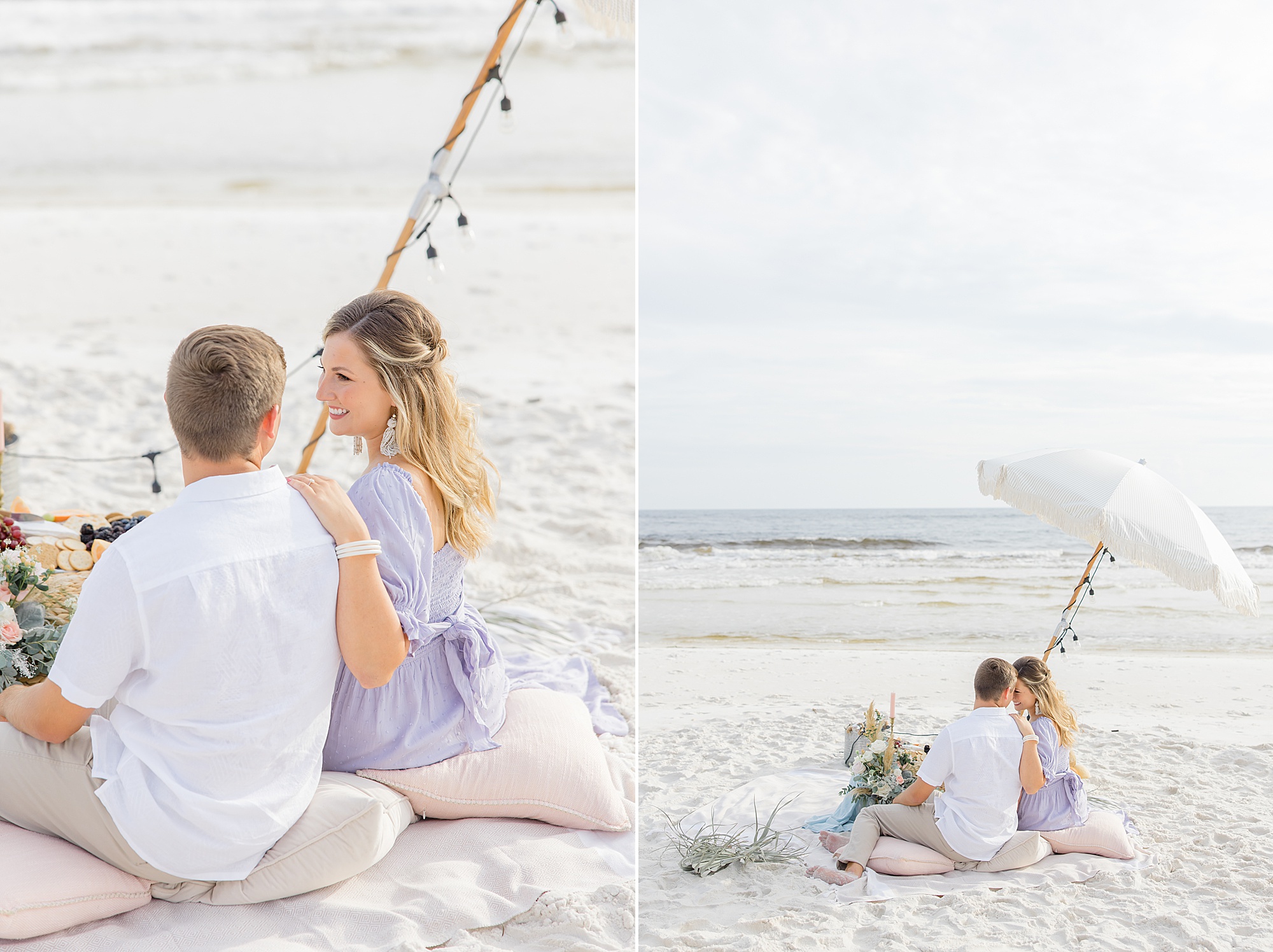 engaged couple sits on beach under umbrella