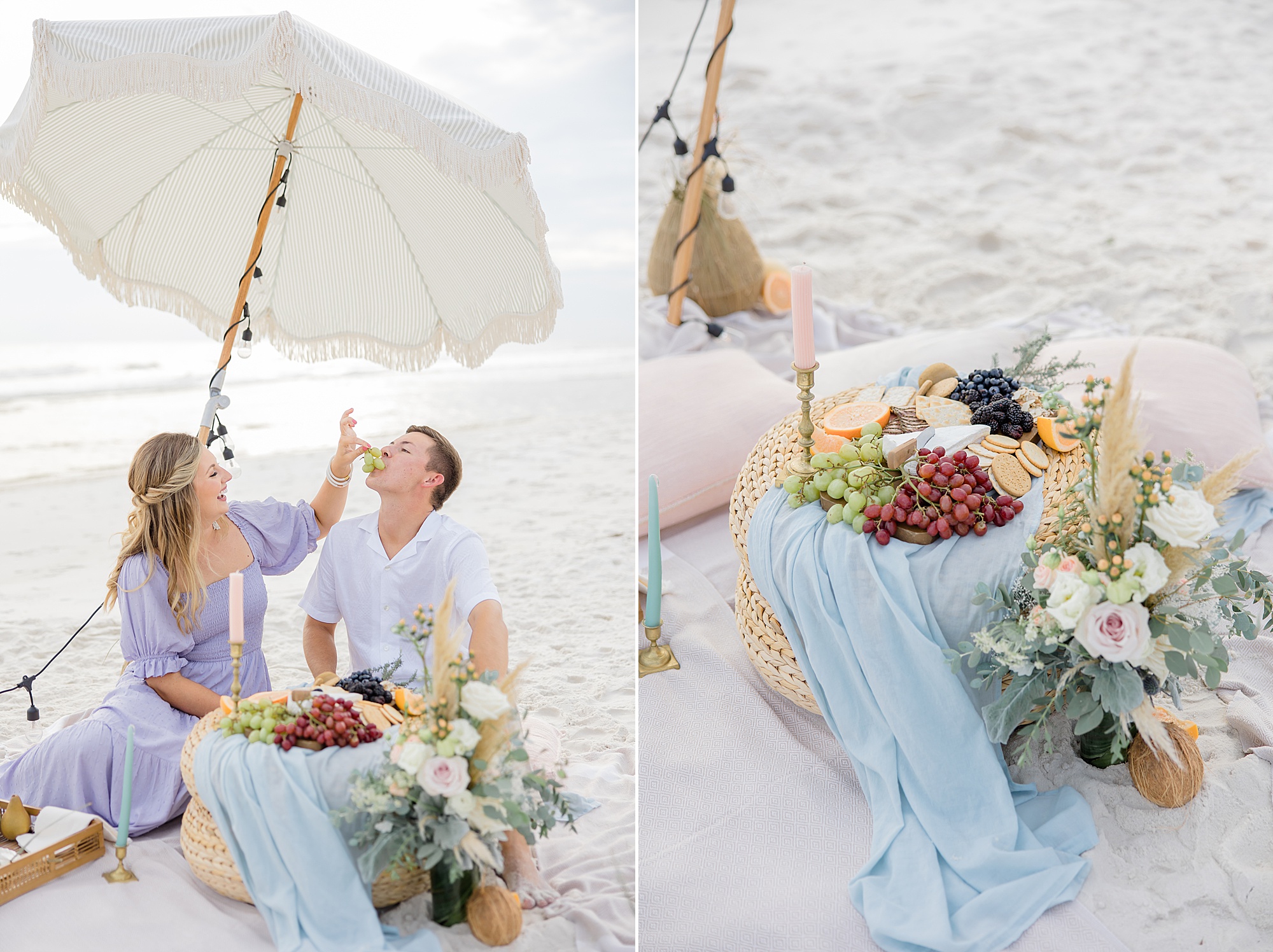 romantic Rosemary Beach engagement session with picnic