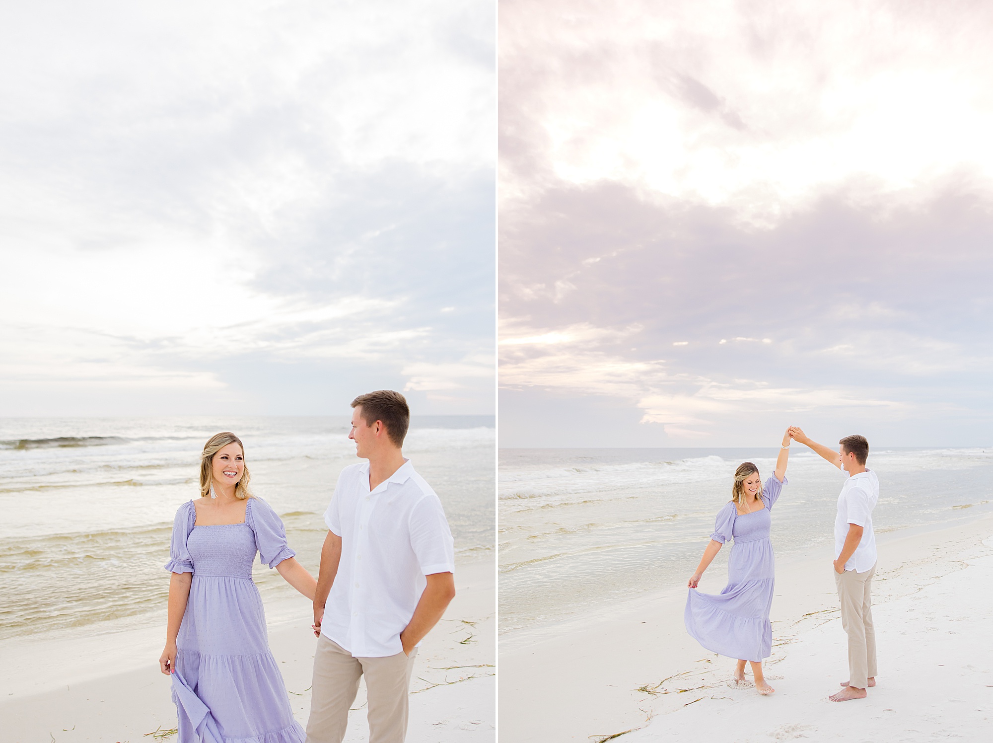 groom twirls bride during Rosemary Beach engagement session