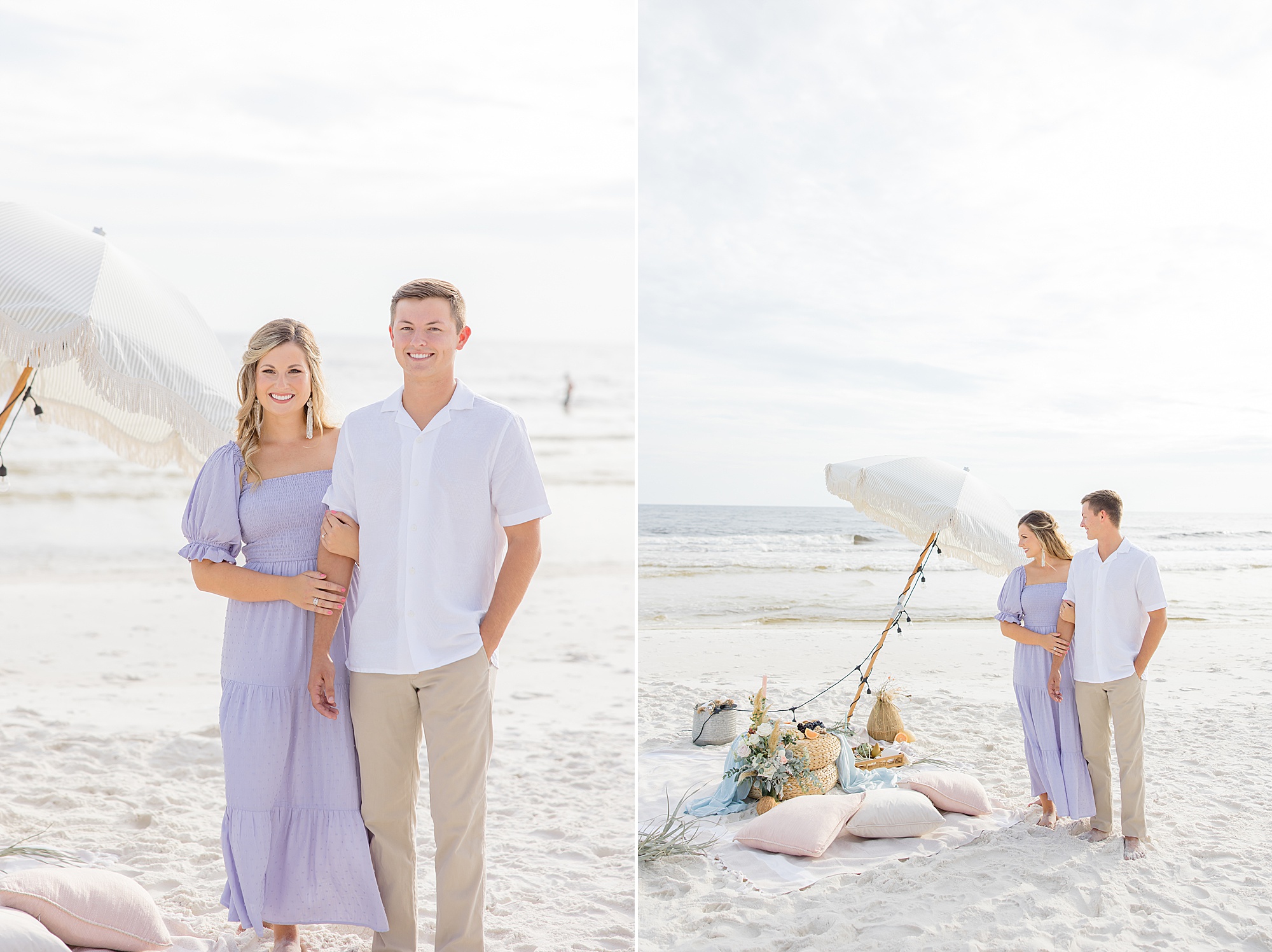 30A engagement session on beach for couple in purple and white