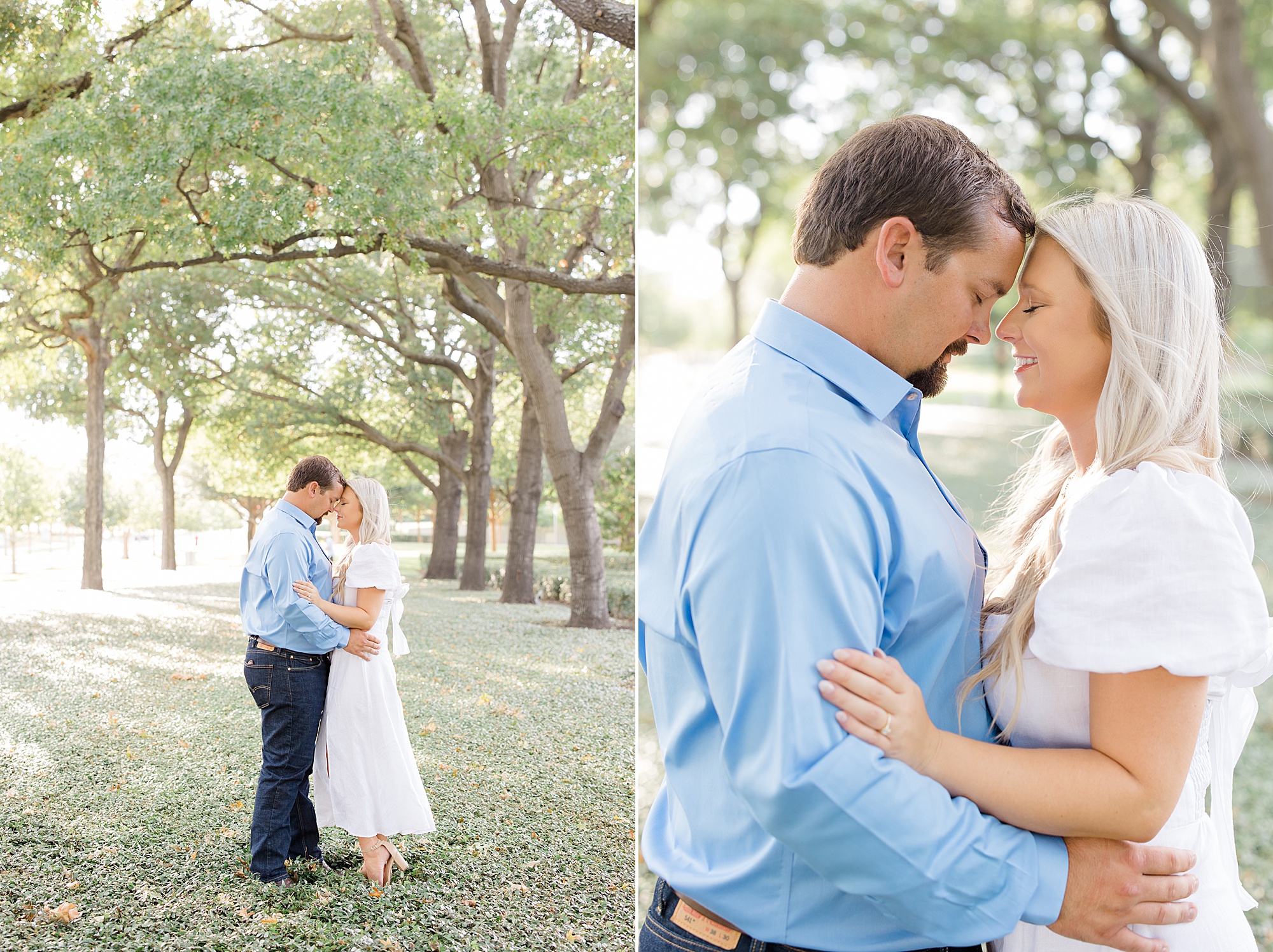 Dallas couple hugs in grove of trees