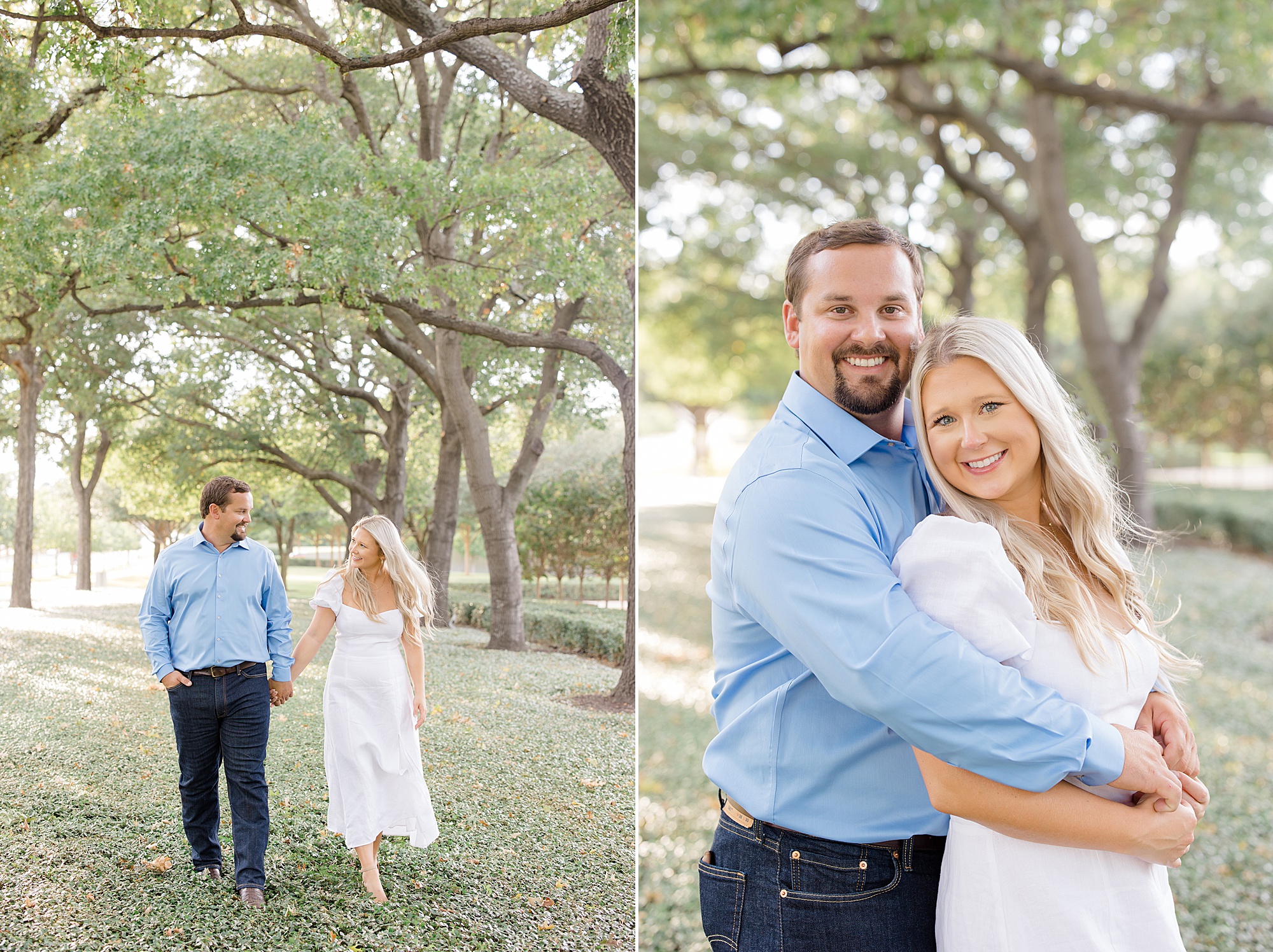 summertime engagement photos at Kimball Art Museum in the grove of trees