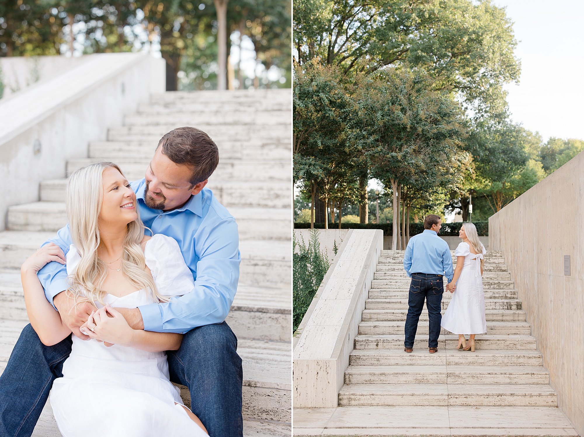 engaged couple sits on steps at Kimball Art Museum