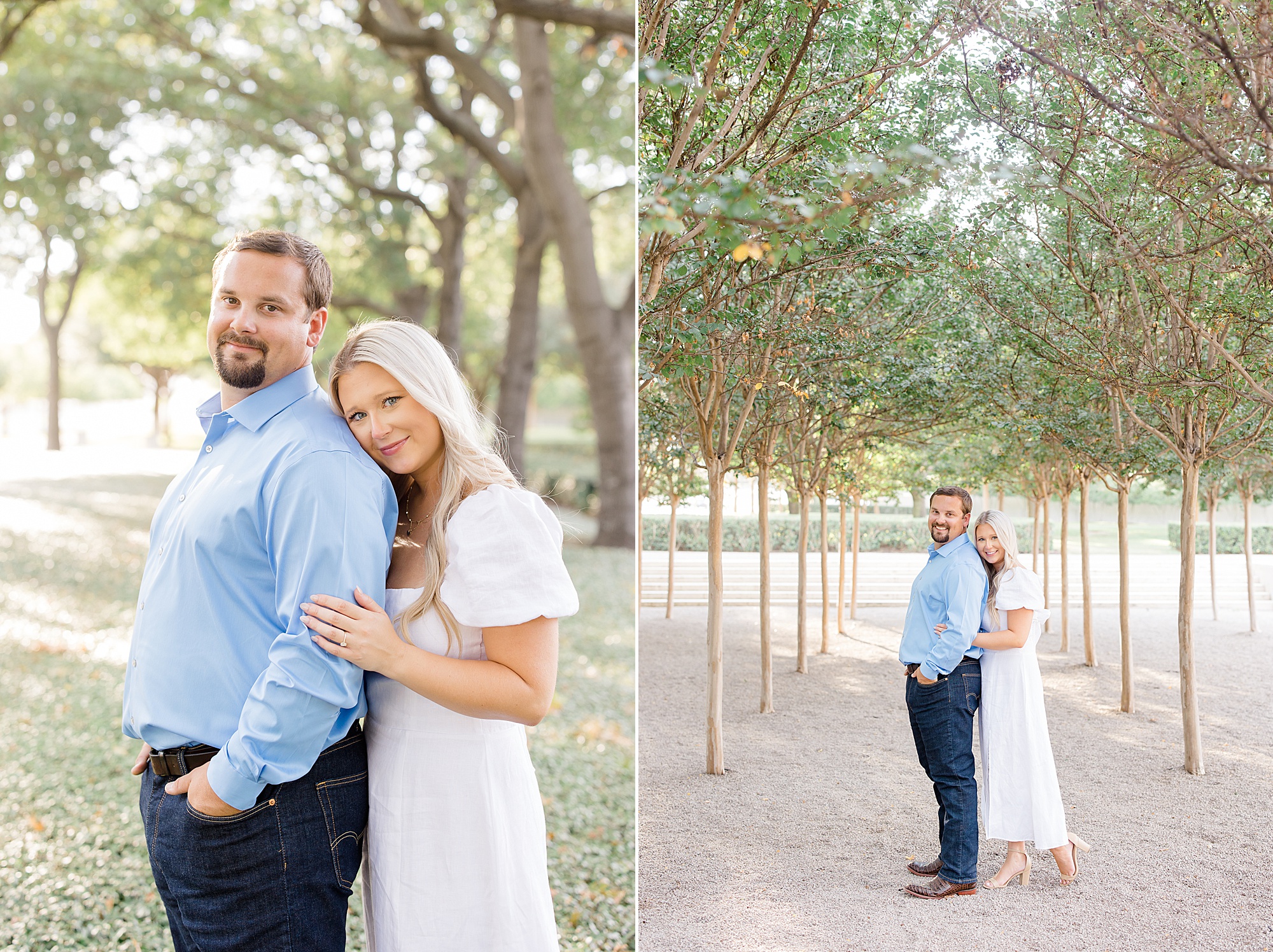 bride and groom lean against each other during TX engagement photos 
