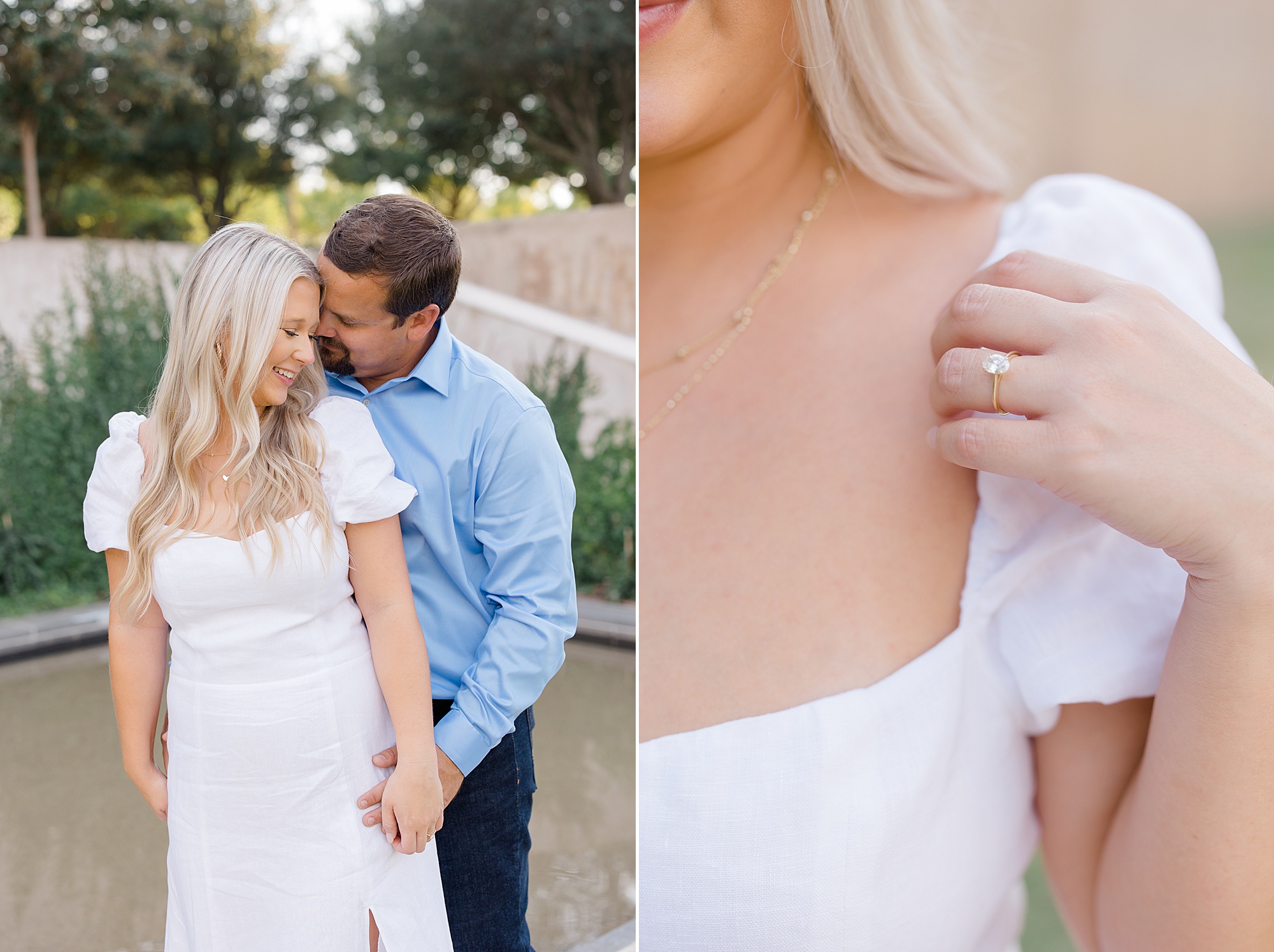 bride shows off engagement ring holding sleeve of white dress