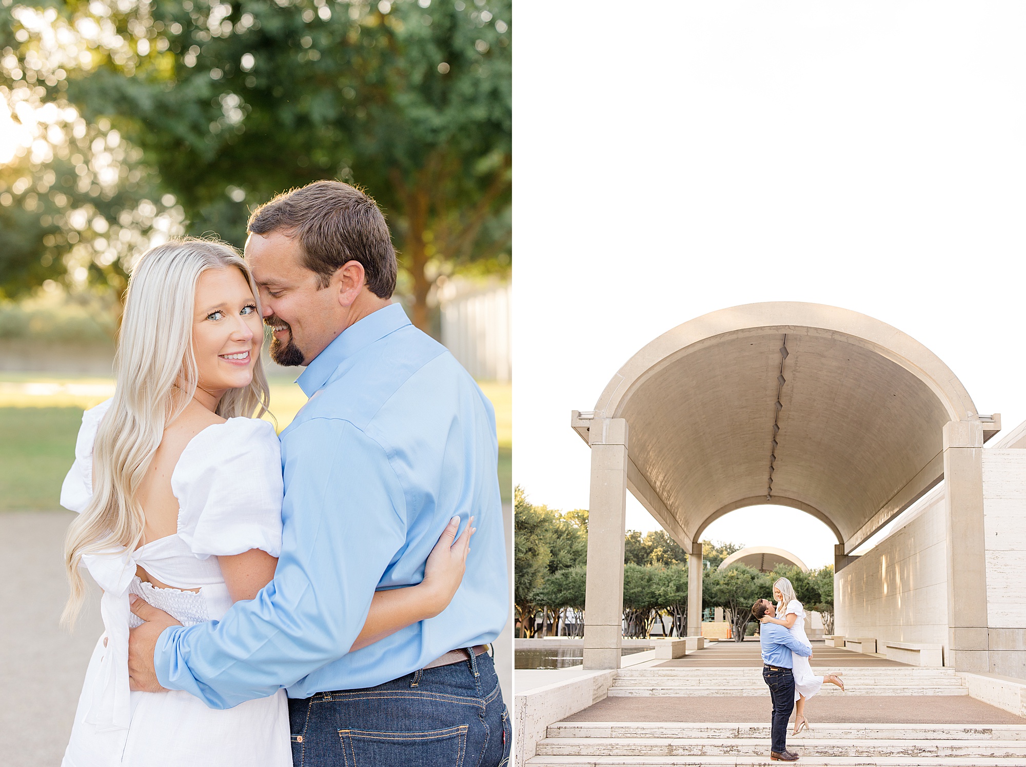 bride and groom hug during Dallas TX engagement photos 