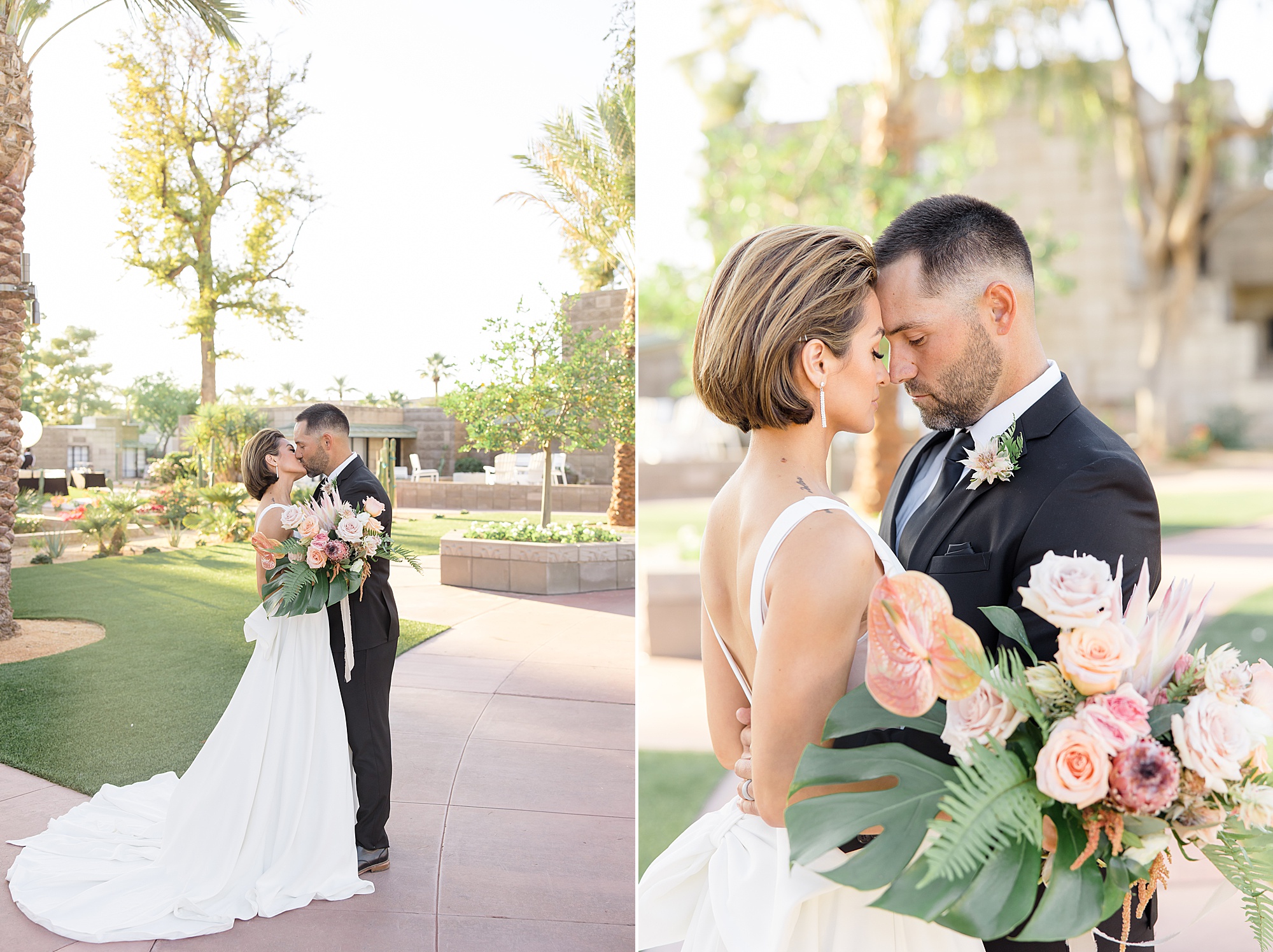 bride hugs groom during tropical inspired wedding in Arizona 