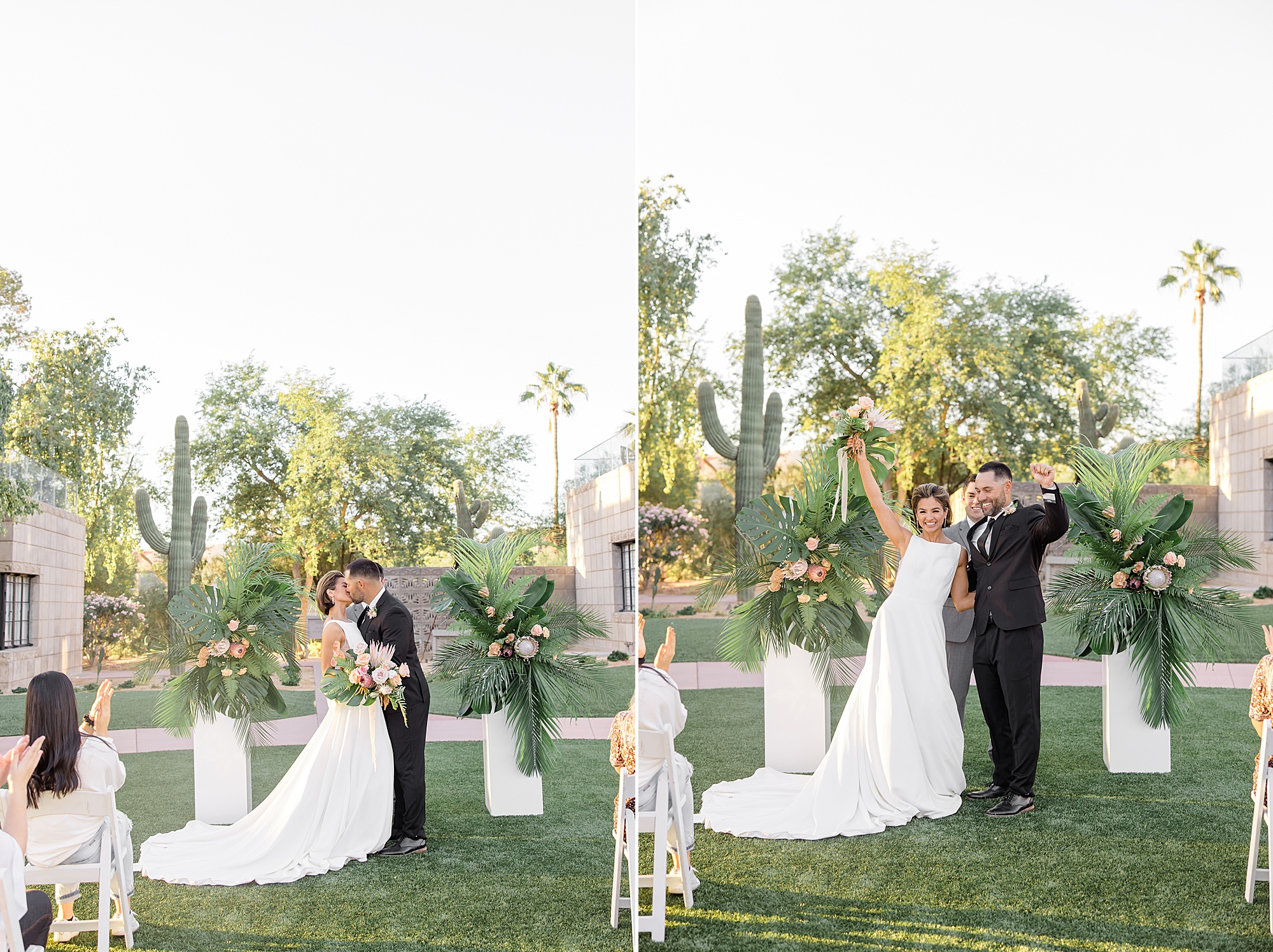 newlyweds cheer after ceremony at the Arizona Biltmore 
