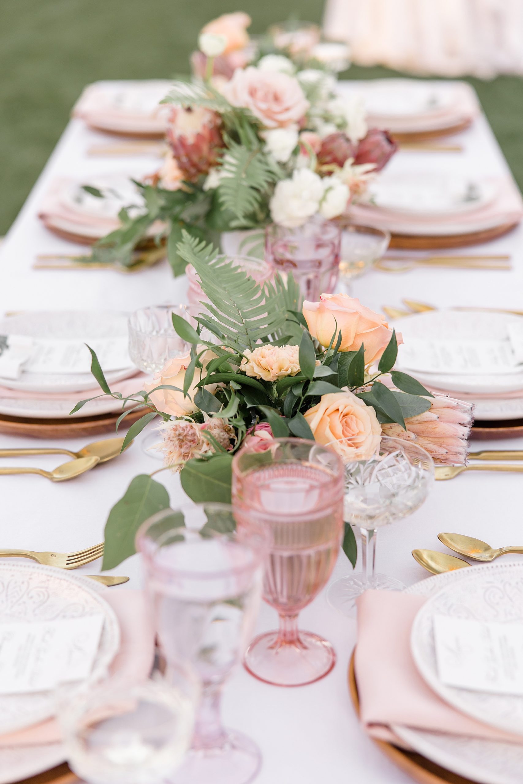 tables cape for  desert inspired styled shoot at the Arizona Biltmore with pink vintage glass 