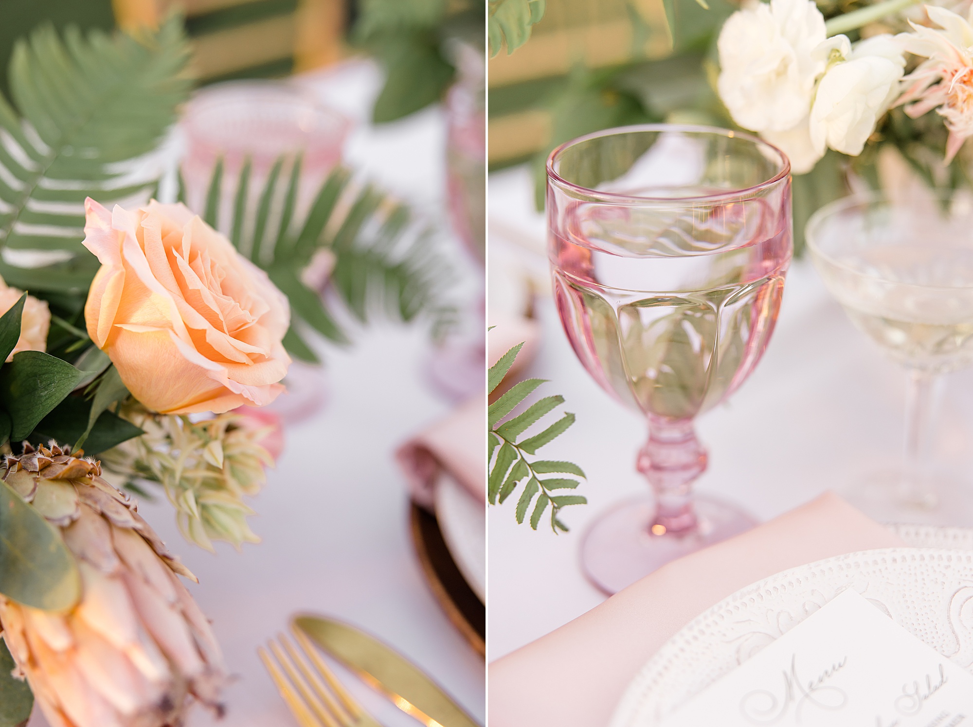 place settings with vintage pink glass cups