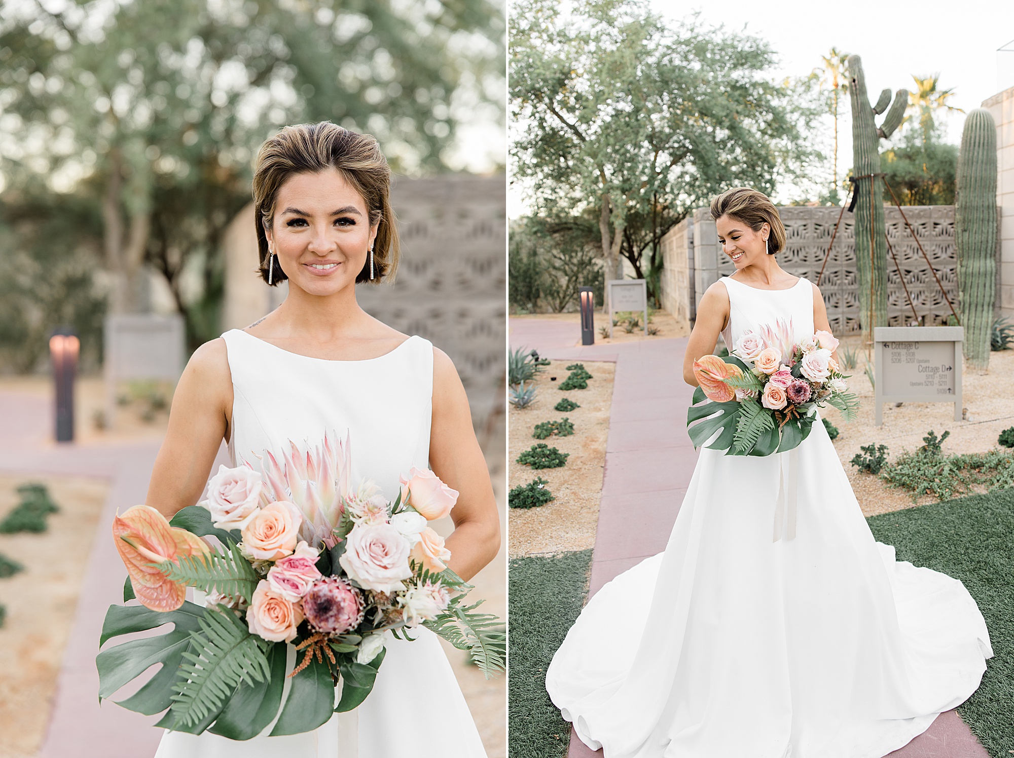 bride holds bouquet of pink and peach flowers 