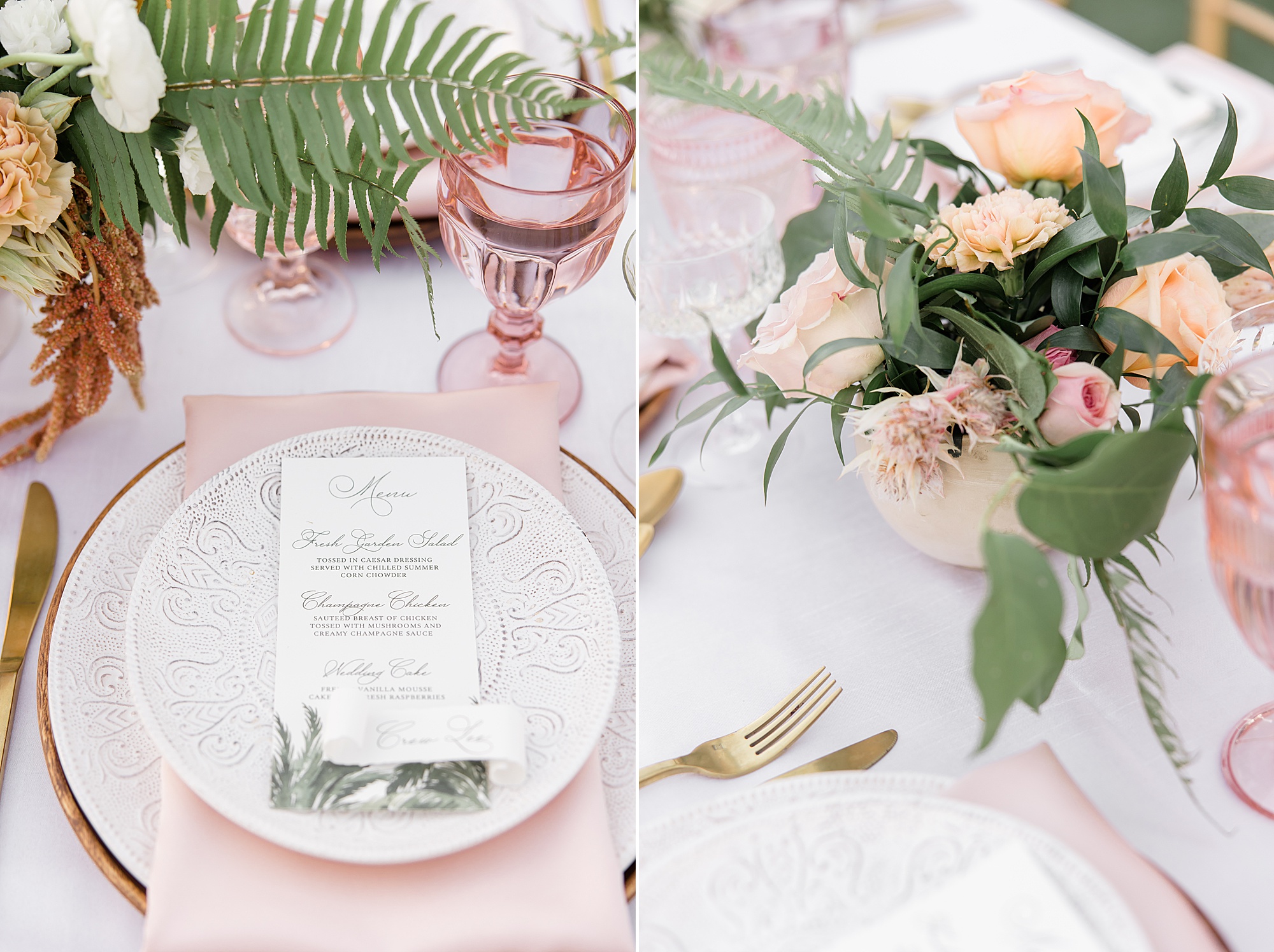 vintage wedding reception place settings with pink glass