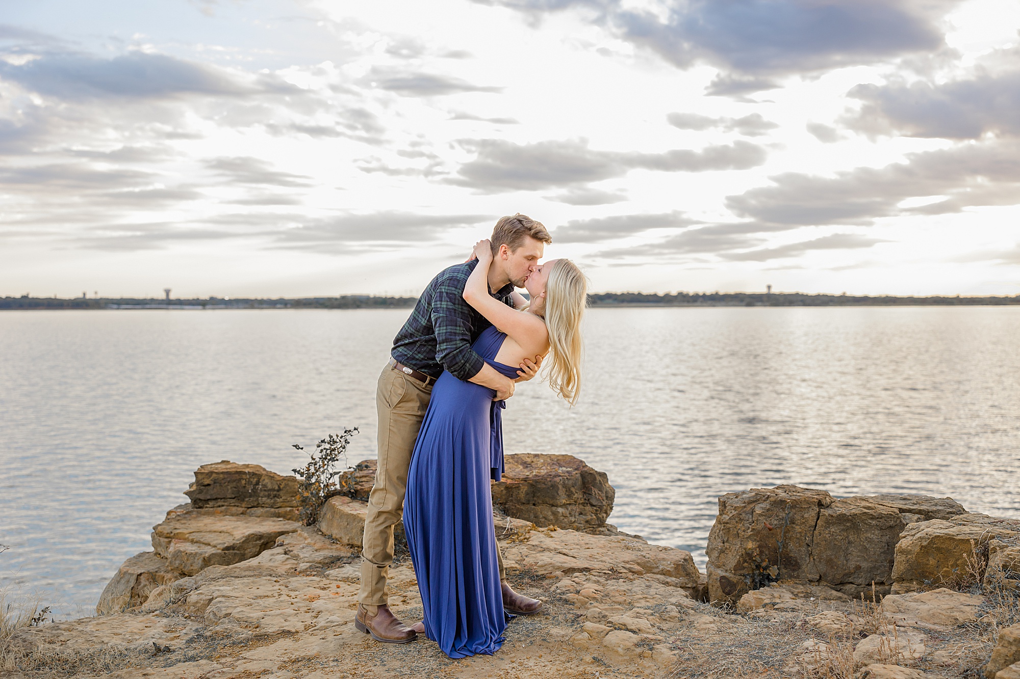 bride and groom kiss during Rockledge Park engagement session