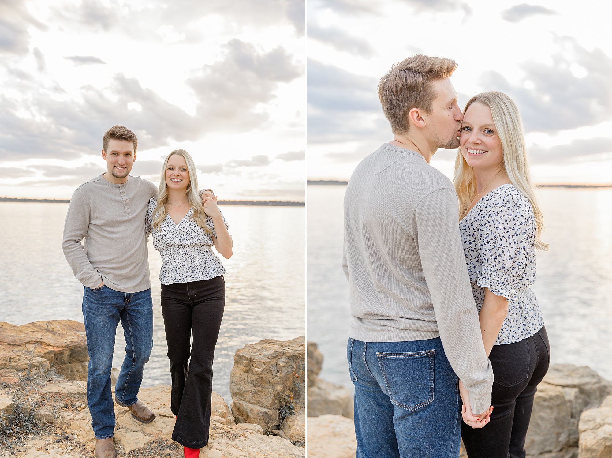 groom kisses bride's forehead during Rockledge Park engagement session