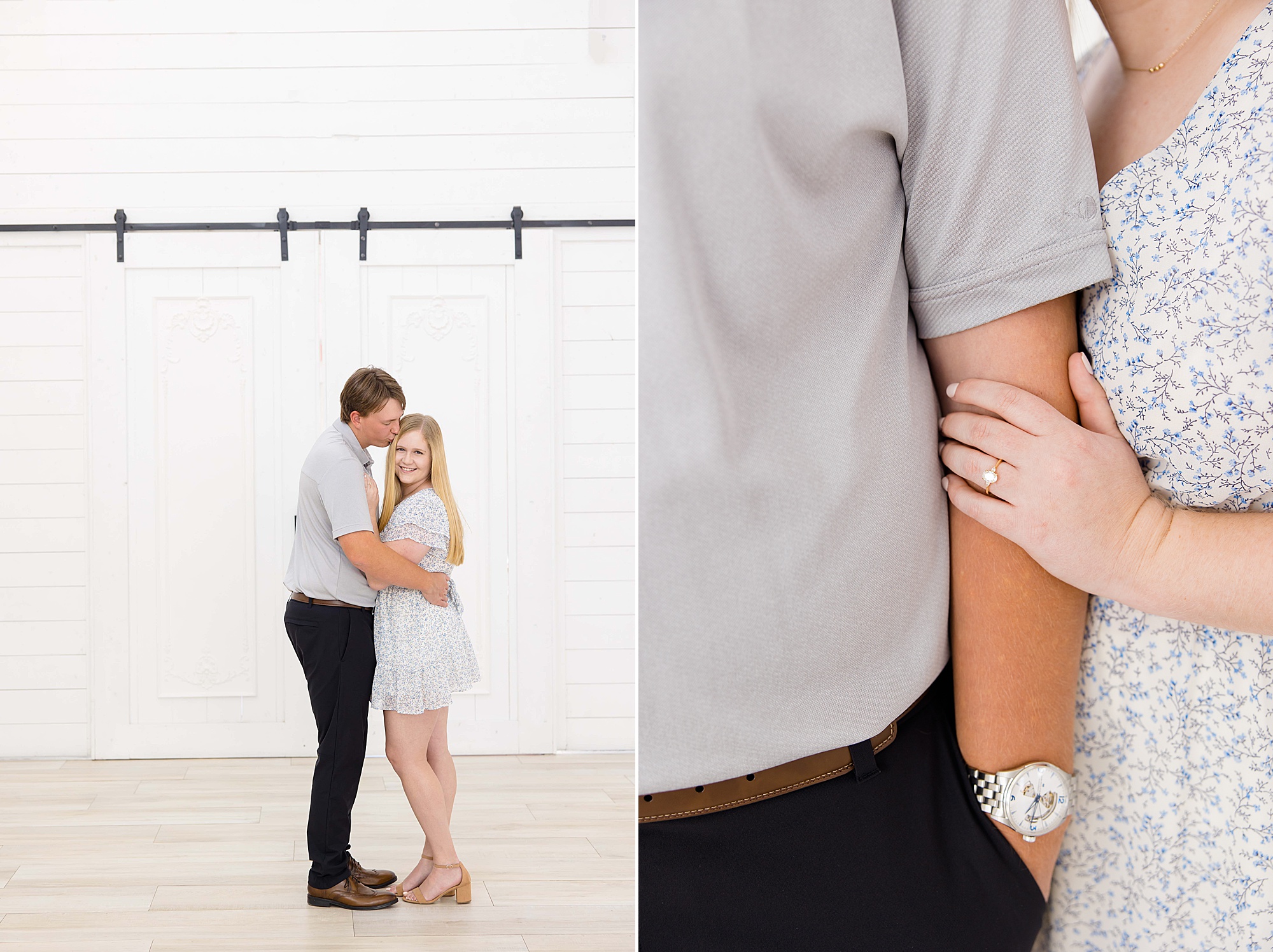 woman holds man's arm during The Nest at Ruth Farms engagement photos
