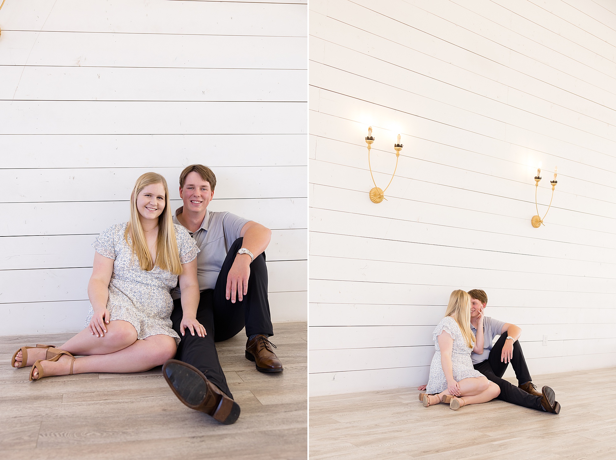 engaged couple leans against wall at The Nest at Ruth Farms