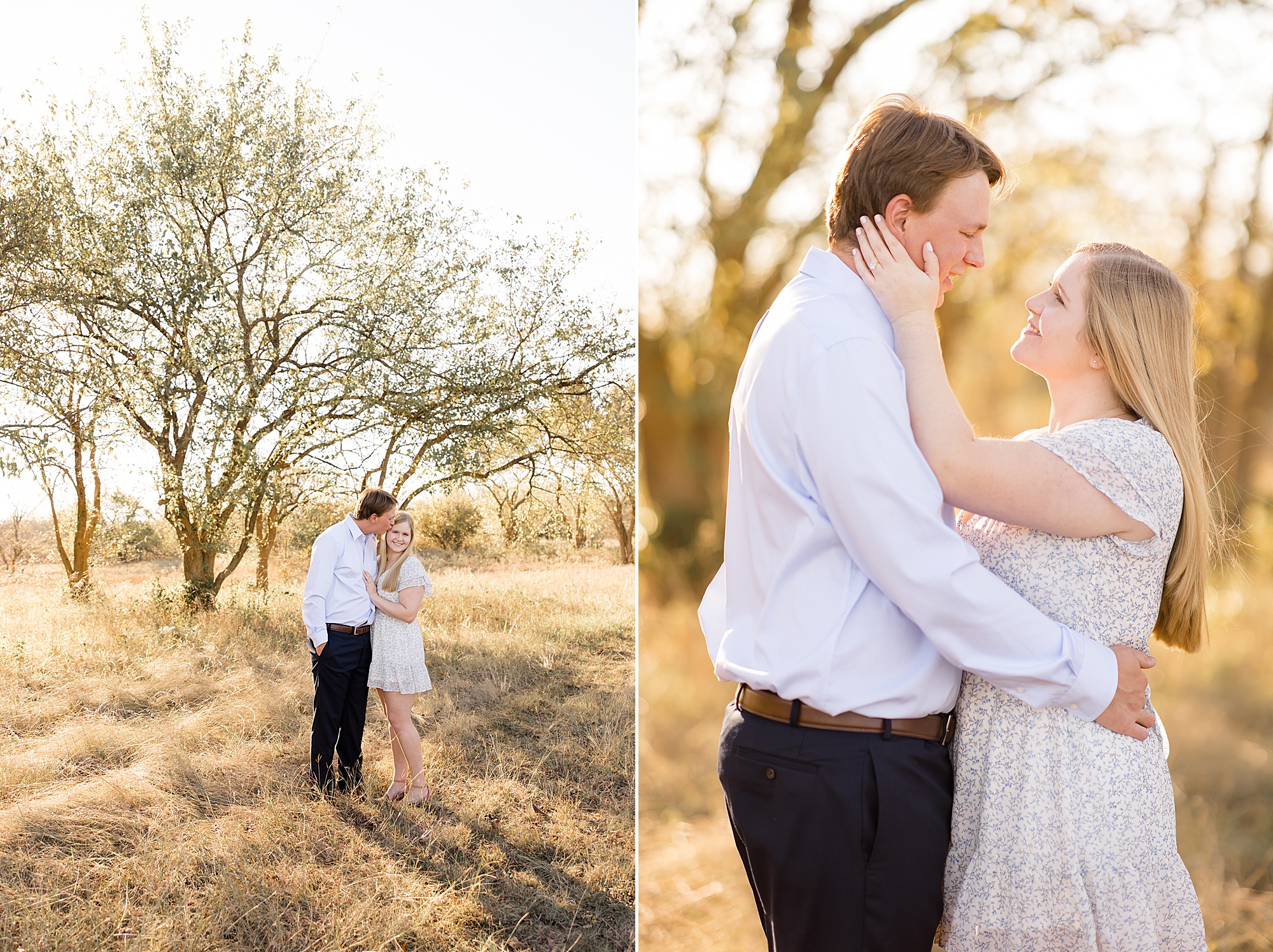 bride and groom stand together during Ponder TX engagement photos