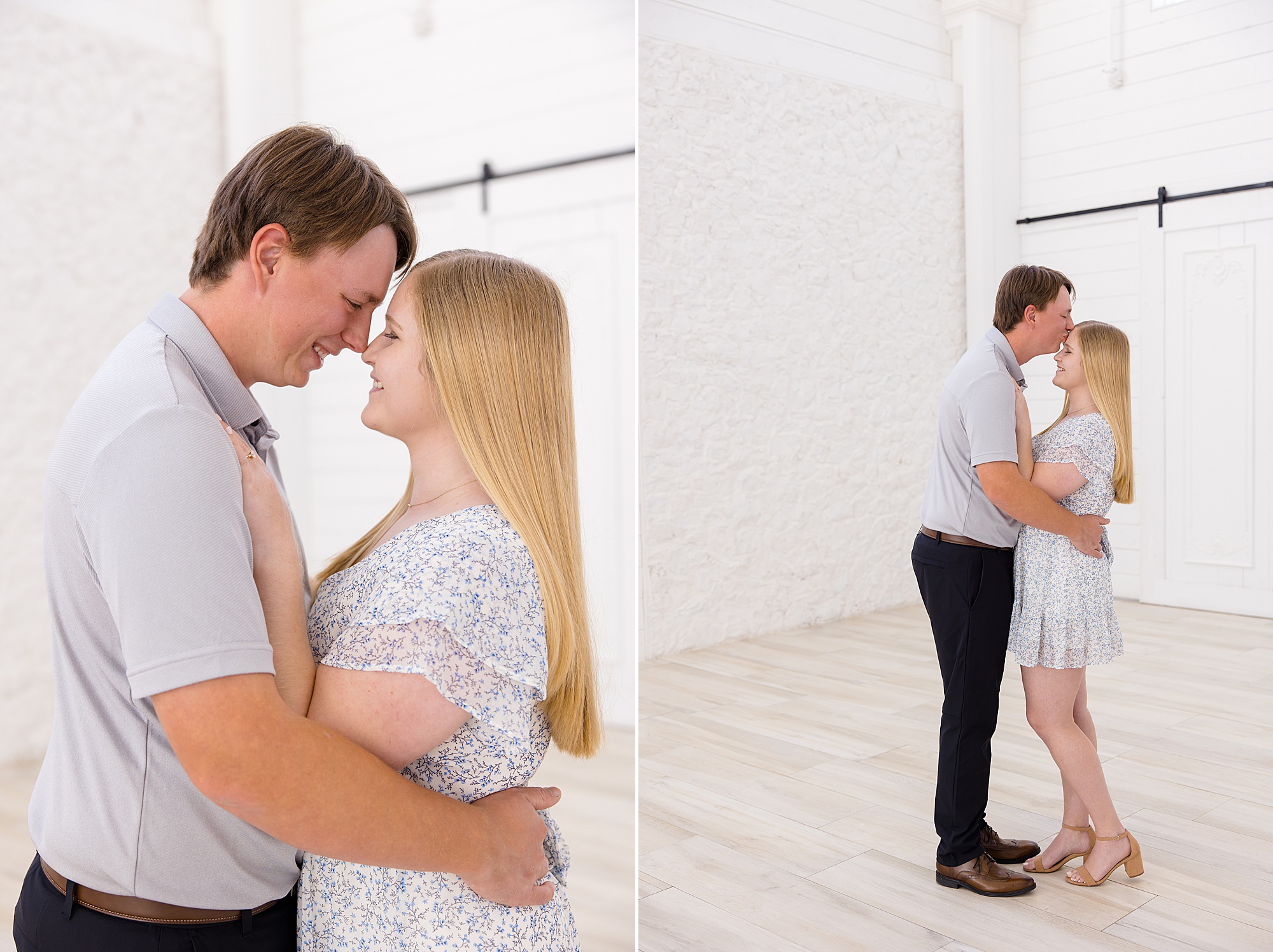 engagement session in white barn at The Nest at Ruth Farms
