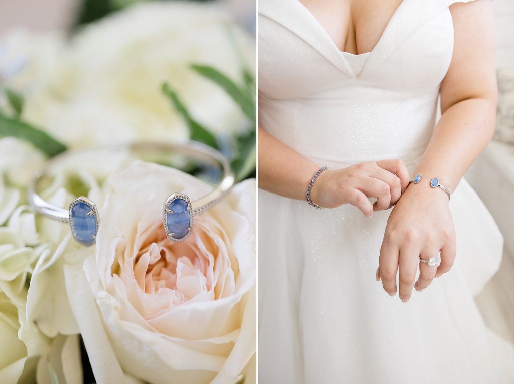 bride adjusts bracelet with blue stone