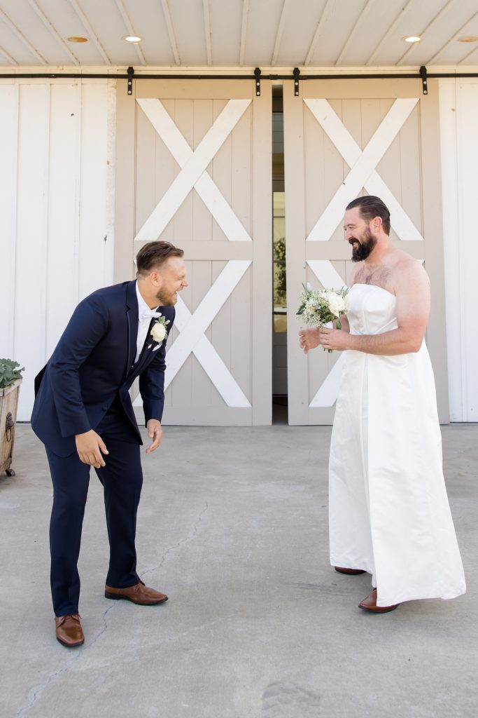 groom has joke first look with best man before fall wedding 