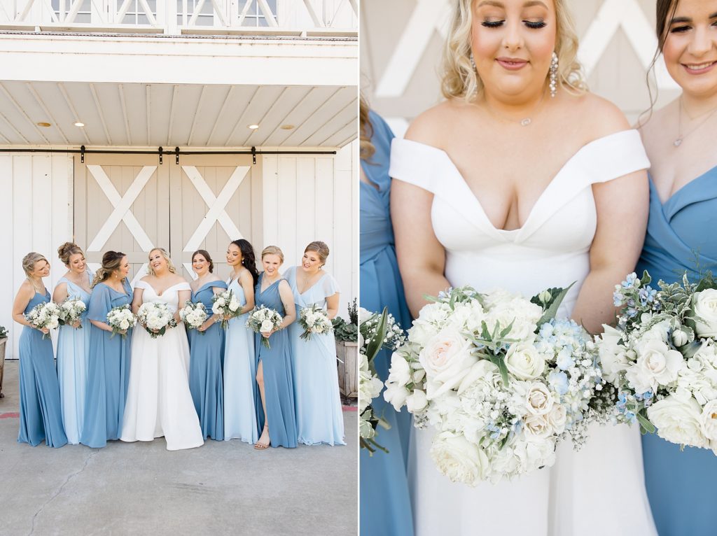 bride stands with bridesmaids in blue gowns outside the Nest at Ruth Farms