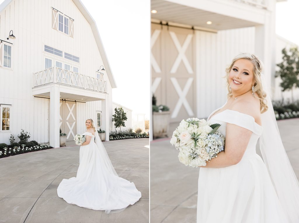 bride poses outside the barn at the Nest at Ruth Farms
