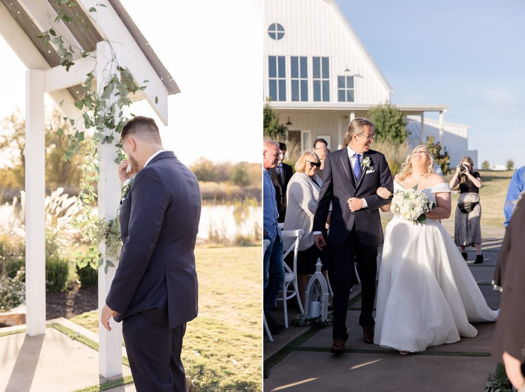 groom cries seeing bride during outdoor wedding ceremony at The Nesta t Ruth Farms