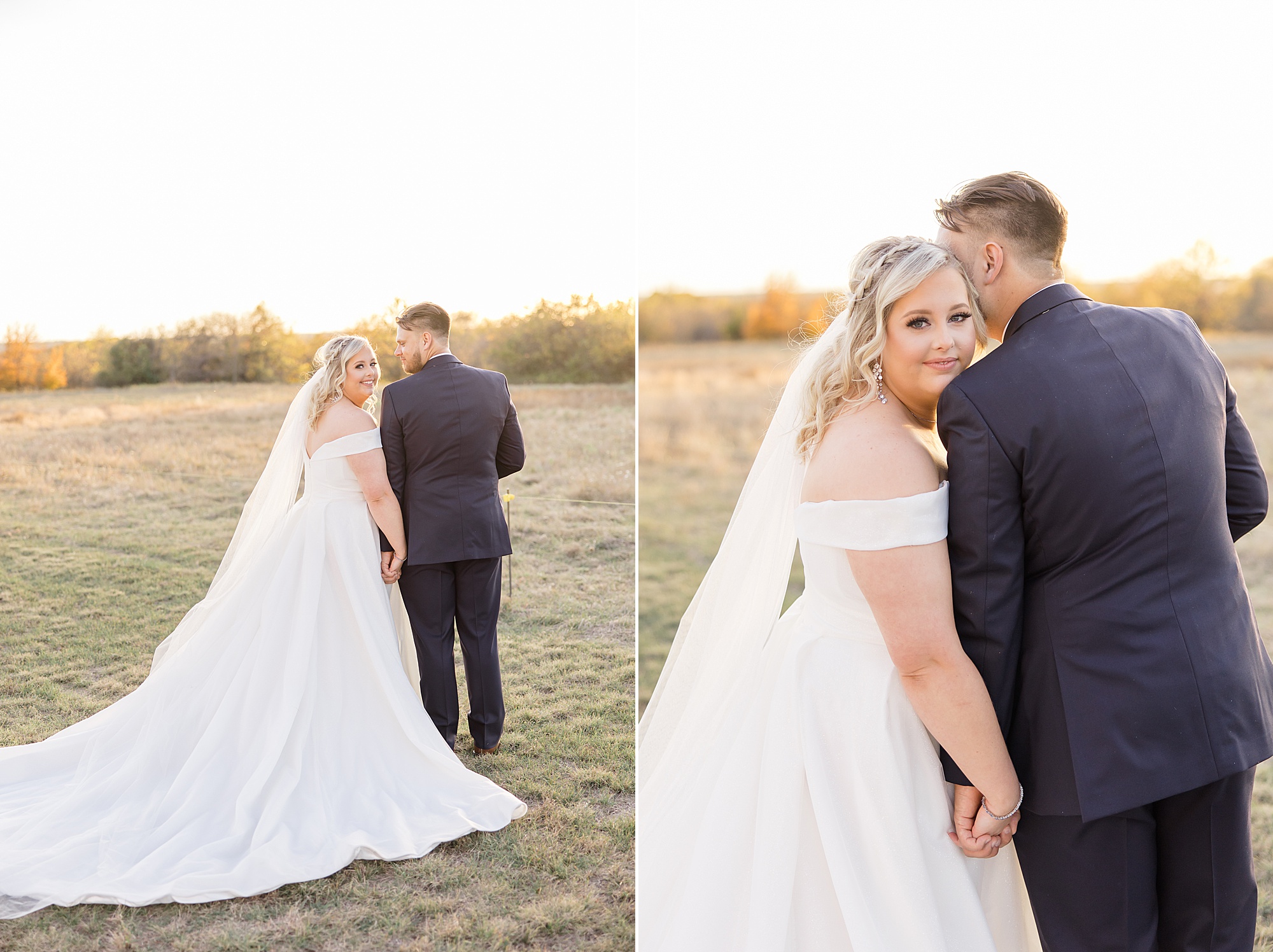 newlyweds stand together at sunset in Ponder TX
