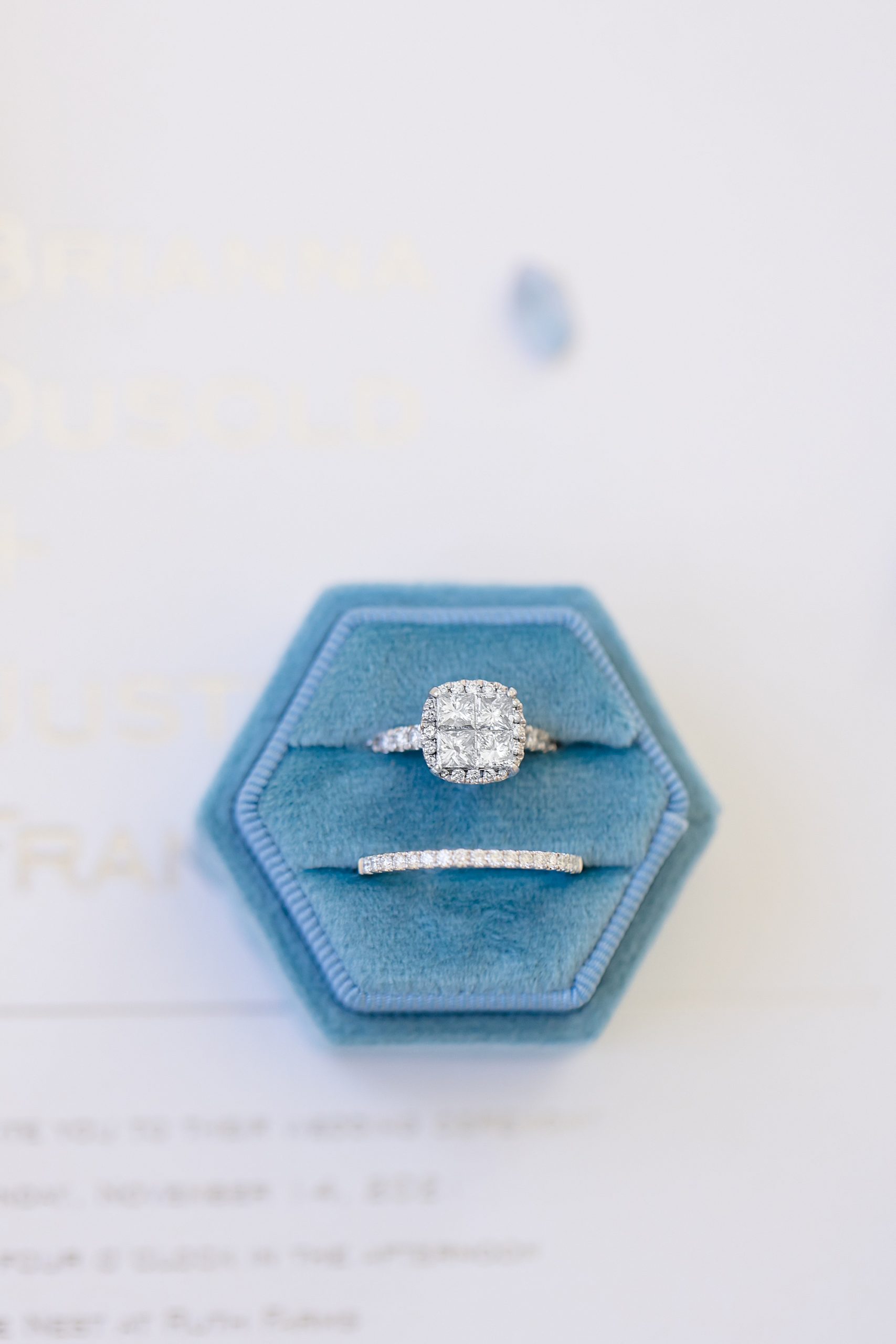 wedding rings in light blue box for TX wedding