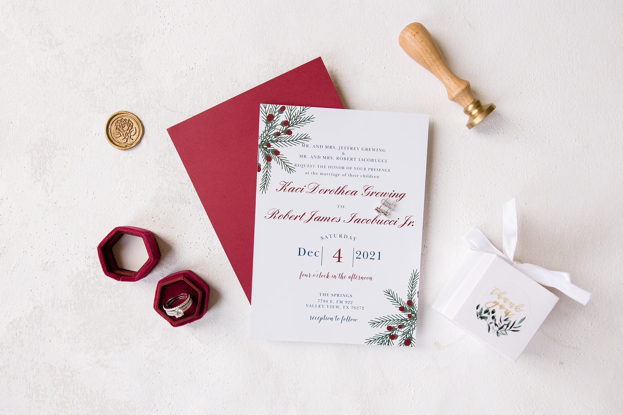red and green stationery set for The Springs at Valley View Wedding