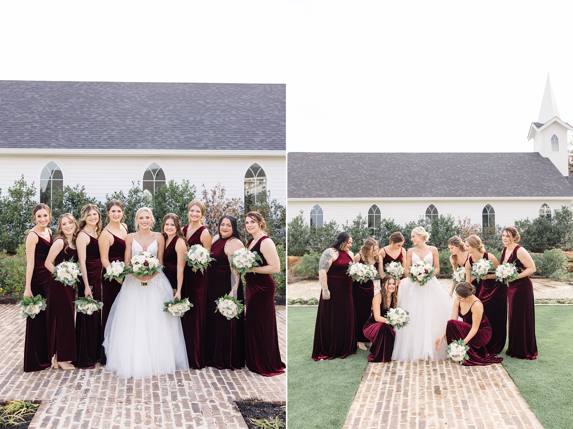 bridesmaids hug bride in deep red gowns for winter wedding