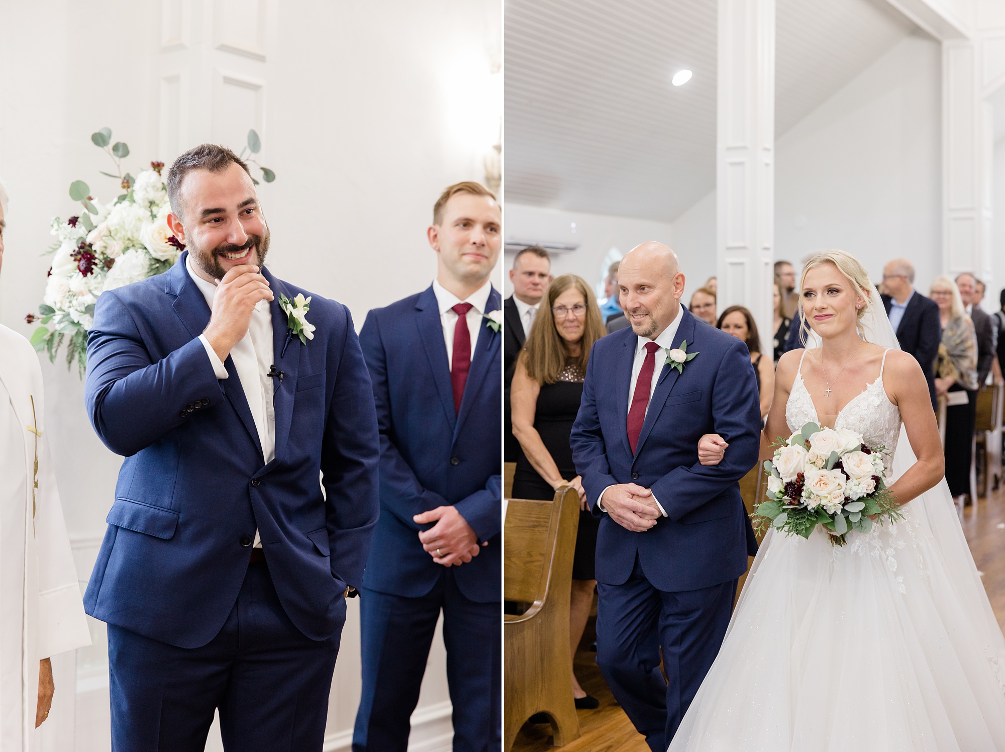 groom cries watching bride walk down aisle during Valley View TX wedding ceremony