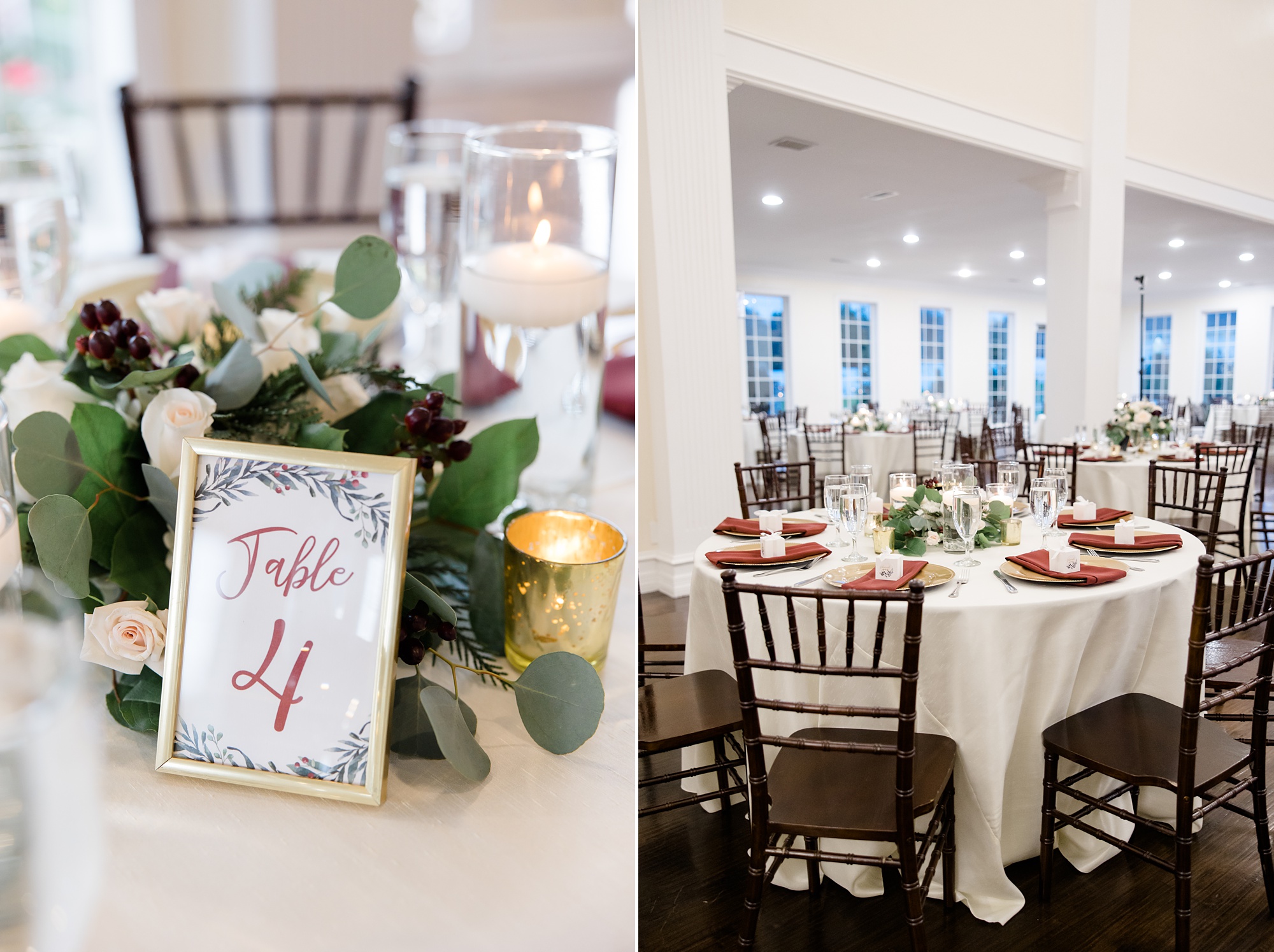 winter wedding reception with gold and burgundy details at The Springs at Valley View