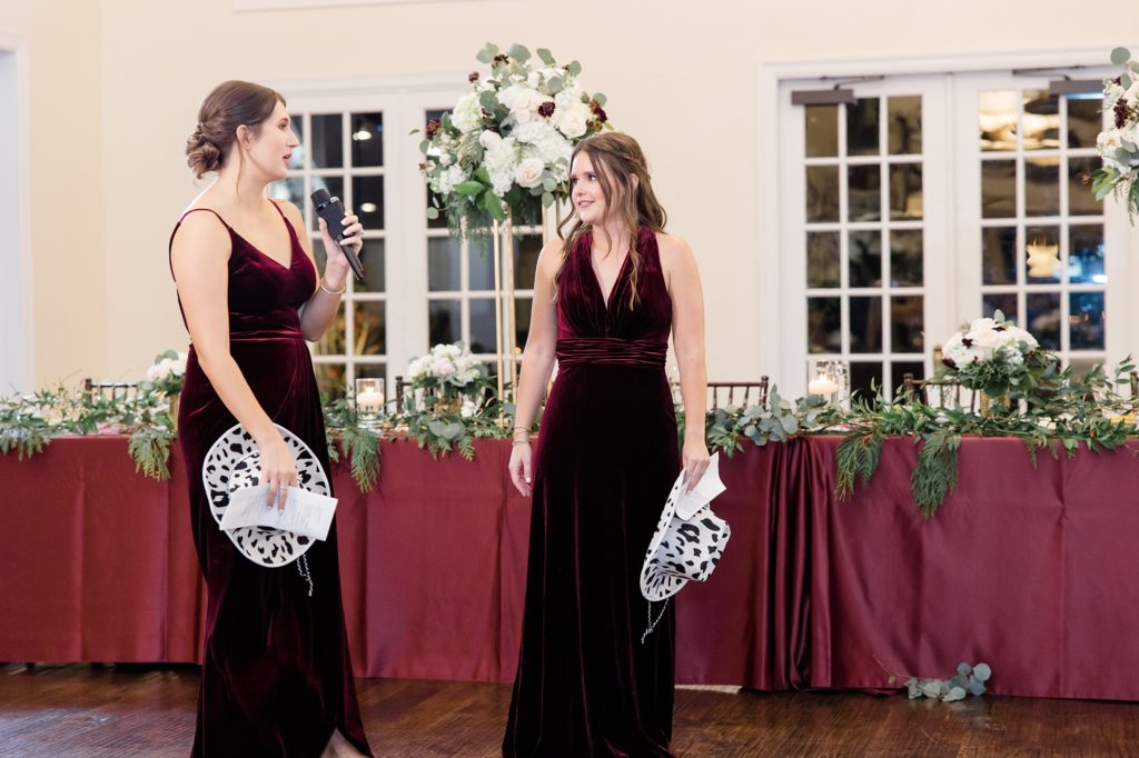 bridesmaids give toast during Valley View TX wedding reception