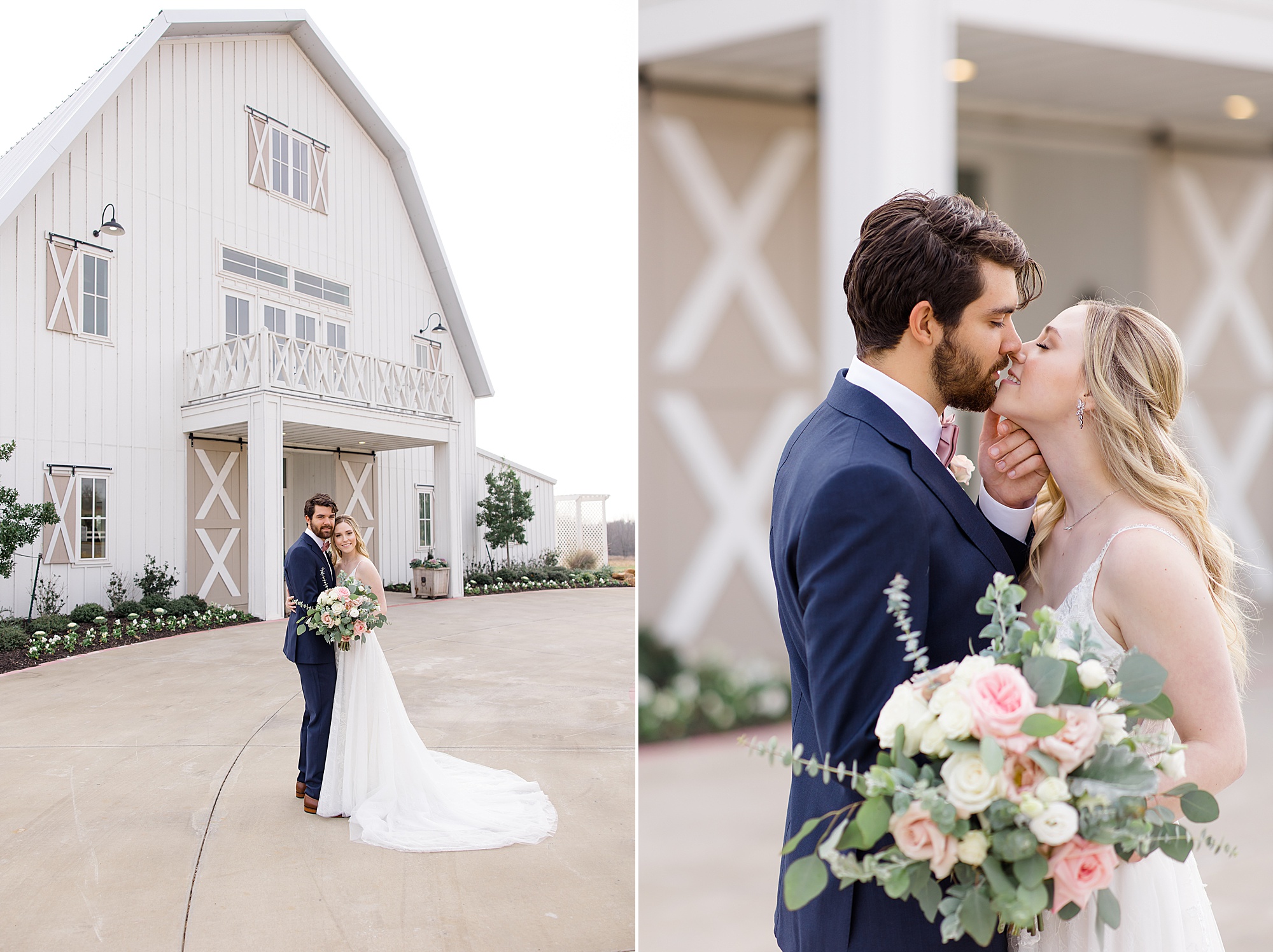 newlyweds kiss outside of The Nest at Ruth Farms before winter wedding