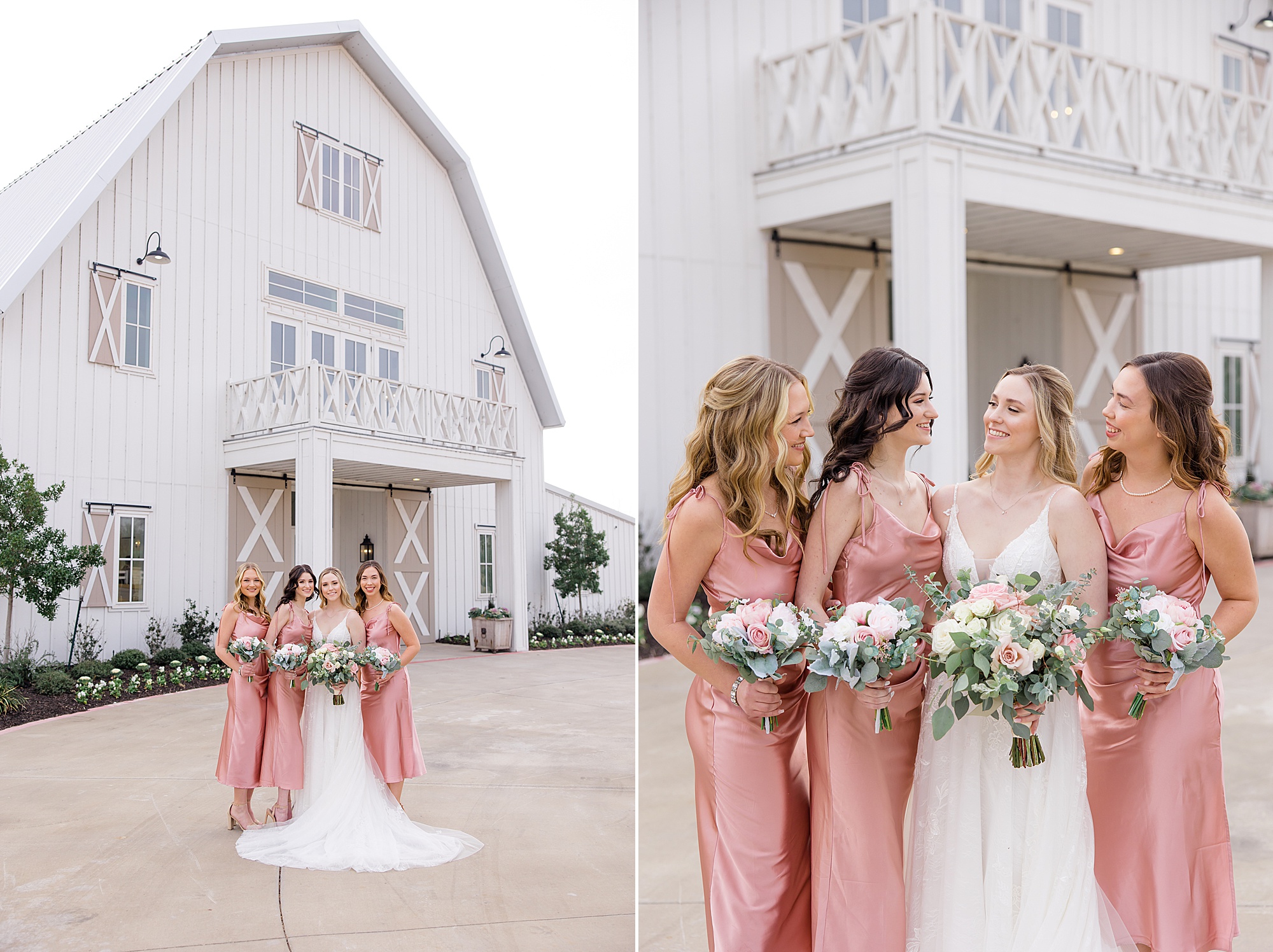 bride poses with bridesmaids in pink gowns at The Nest at Ruth Farms