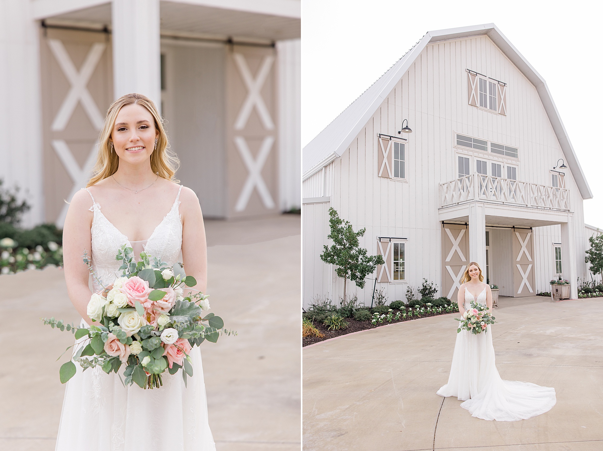 The Nest at Ruth Farms bridal portraits outside white barn