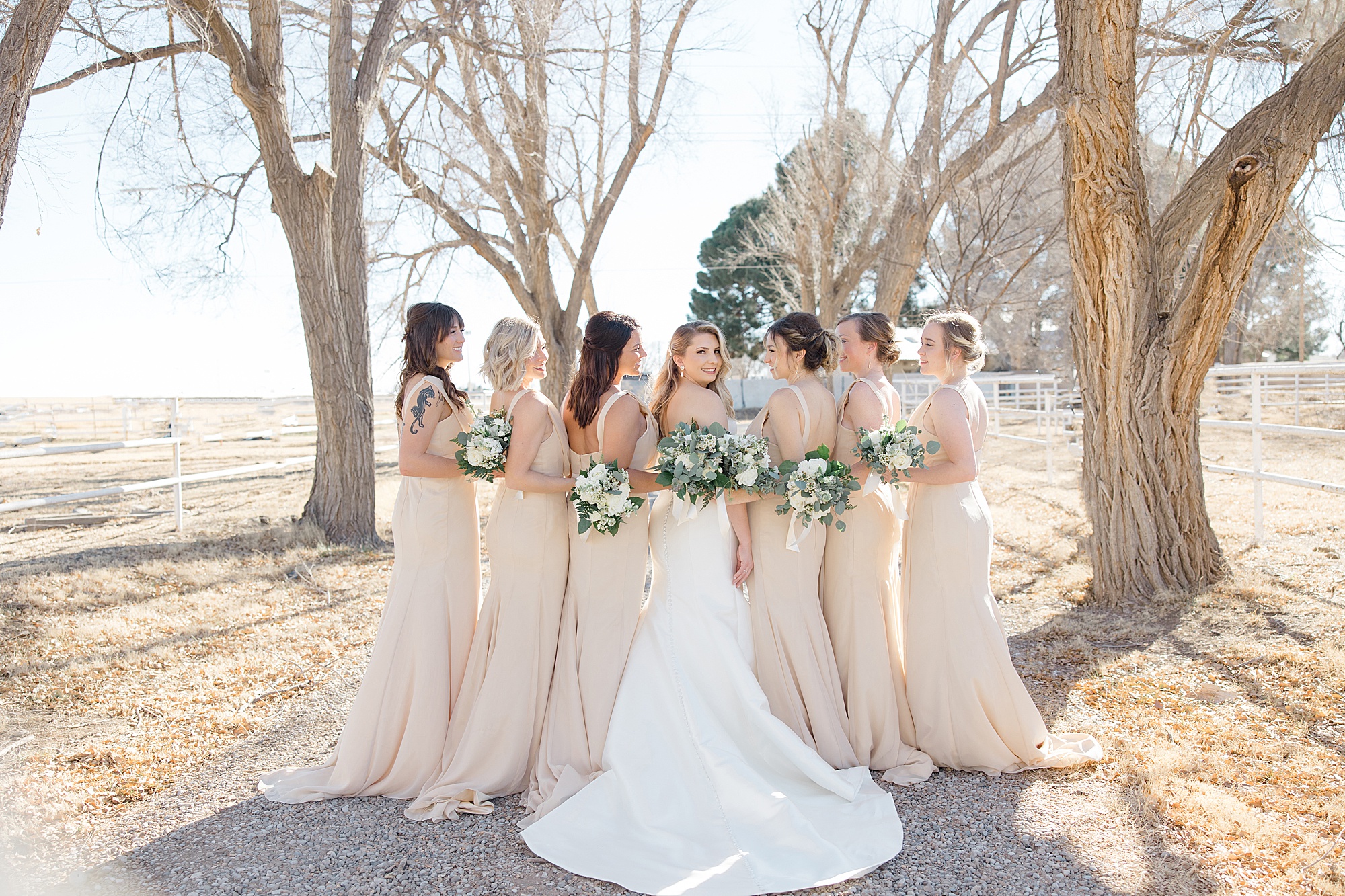 bride poses with bridesmaids in pale tan gowns