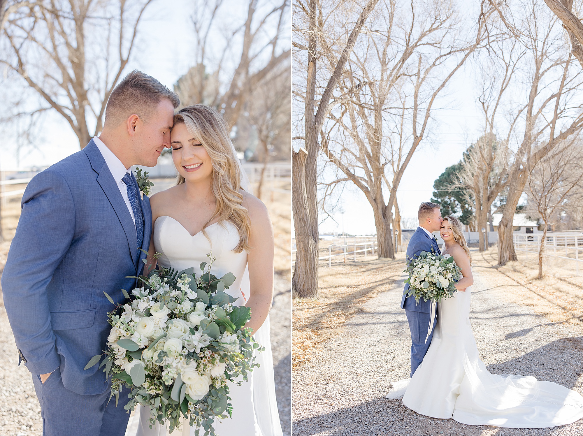 bride and groom hug on driveway during portraits for winter wedding in New Mexico