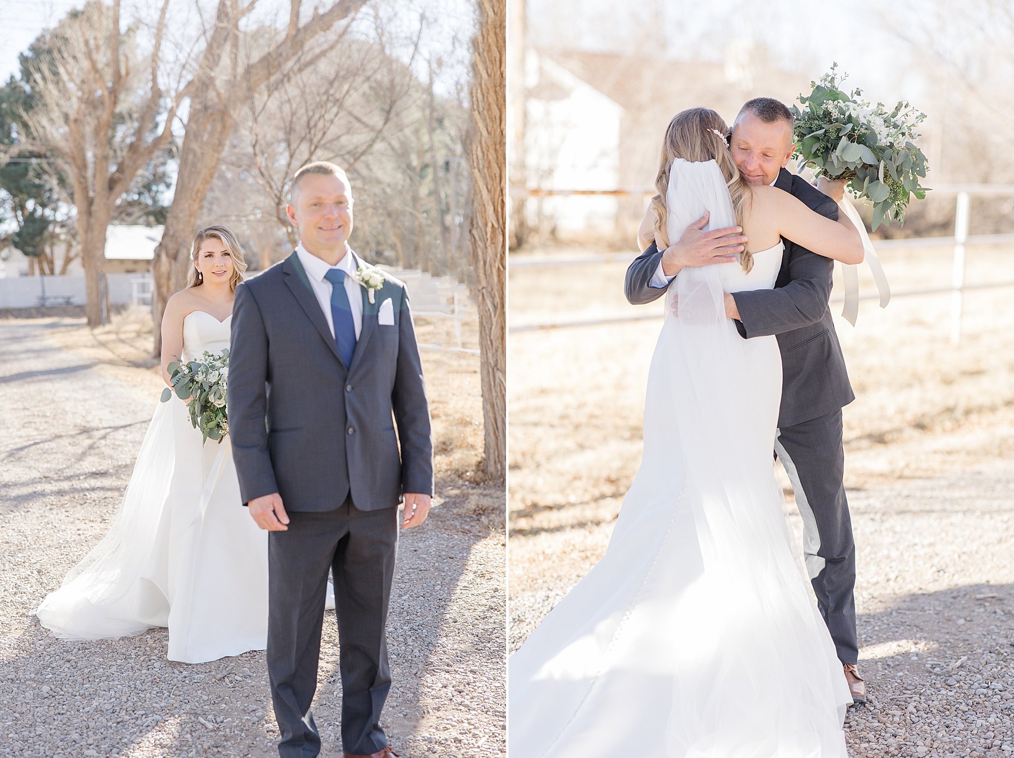 bride and dad have first look before winter wedding in Rosewell, New Mexico