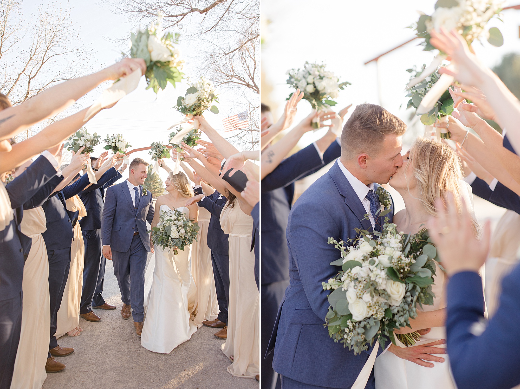newlyweds kiss while wedding party cheers in New Mexico