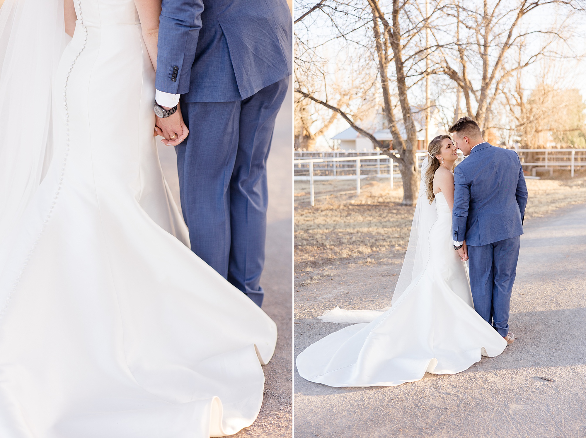 newlyweds hold hands and kiss in driveway during wedding portraits