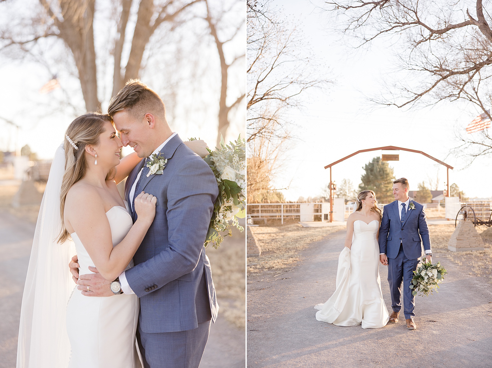 bride and groom hug by custom sign on New Mexico farm