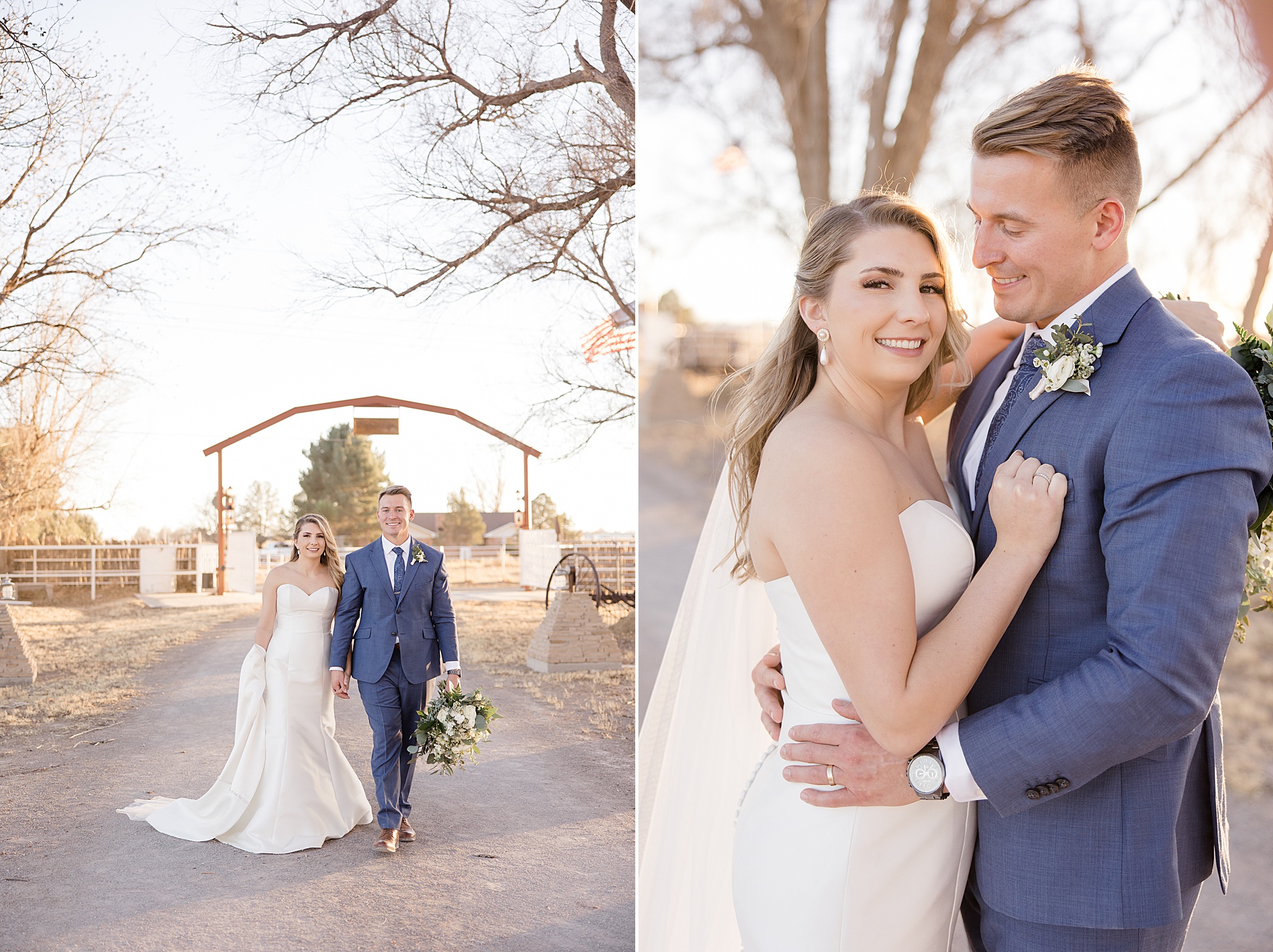 bride and groom pose by wooden gate on family farm in New Mexico